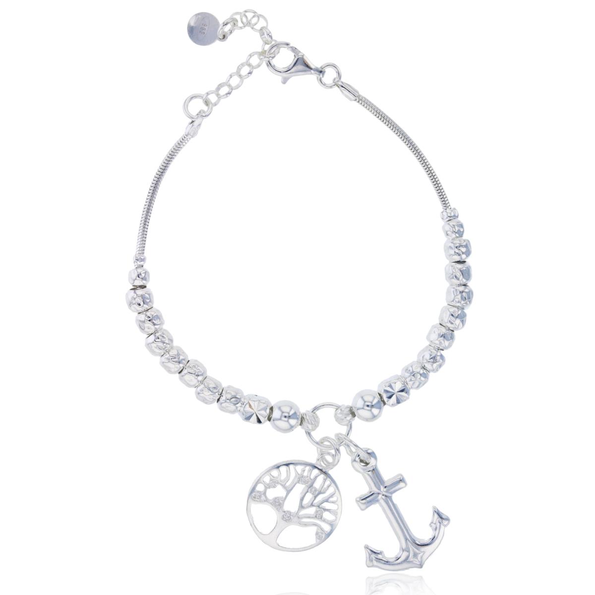 Sterling Silver Rhodium Chained & DC Beaded 7"+1"ext Bracelet with Anchor/Tree of Life Charms