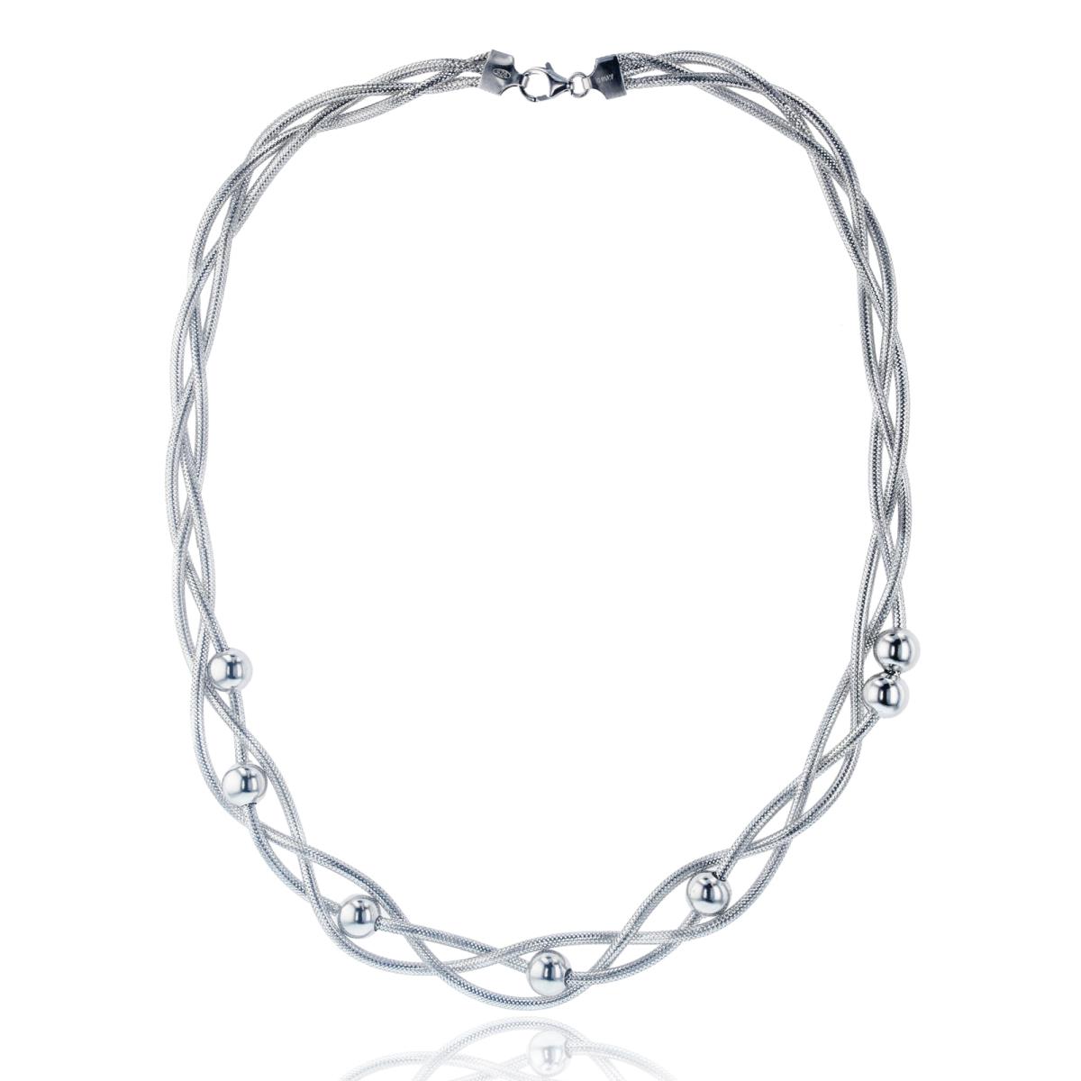 Sterling Silver Rhodium Polished Balls on 3-Invert Mesh Rows 18"Necklace