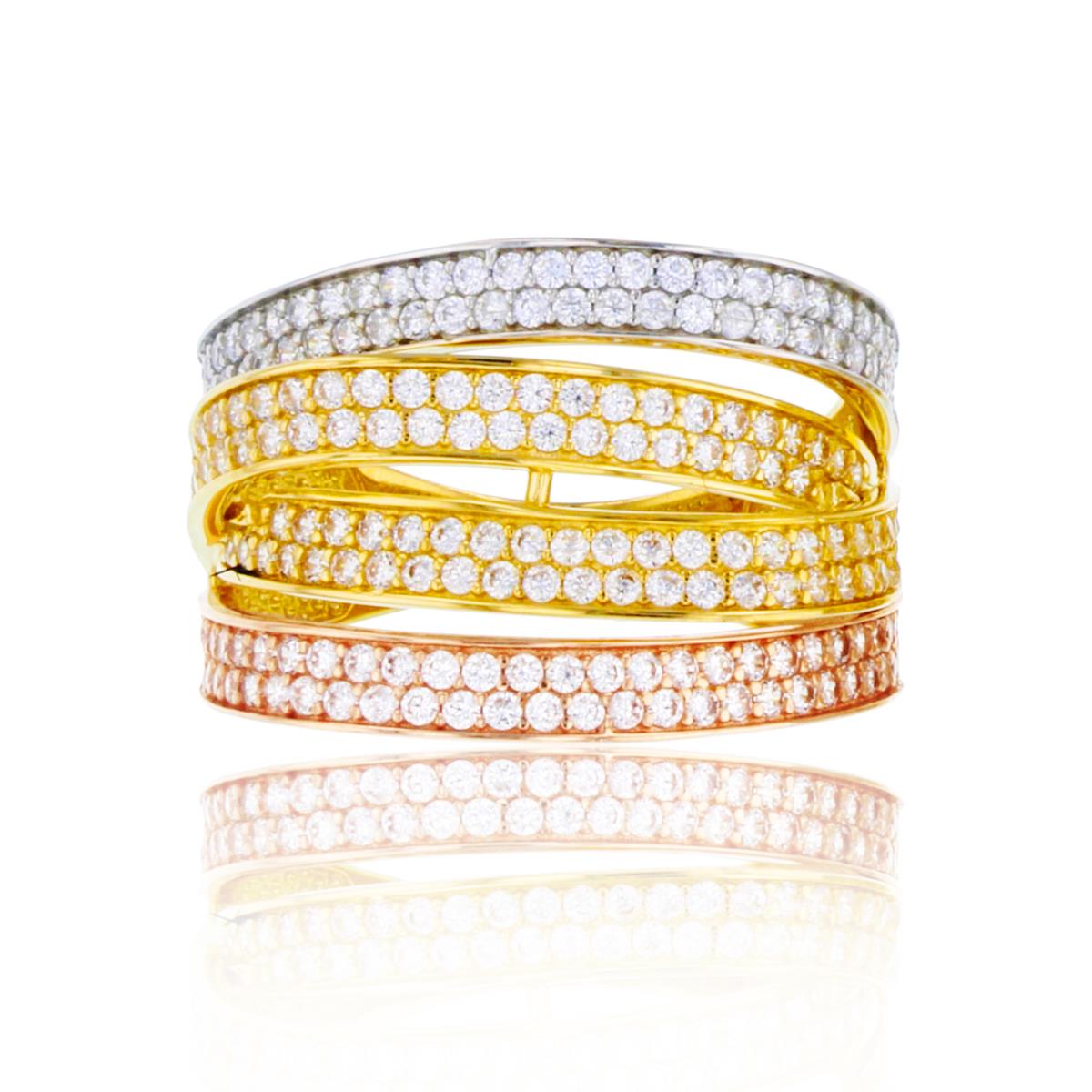 14K Tri-Color Gold Micropave Wavy Multi Rows Fashion Ring