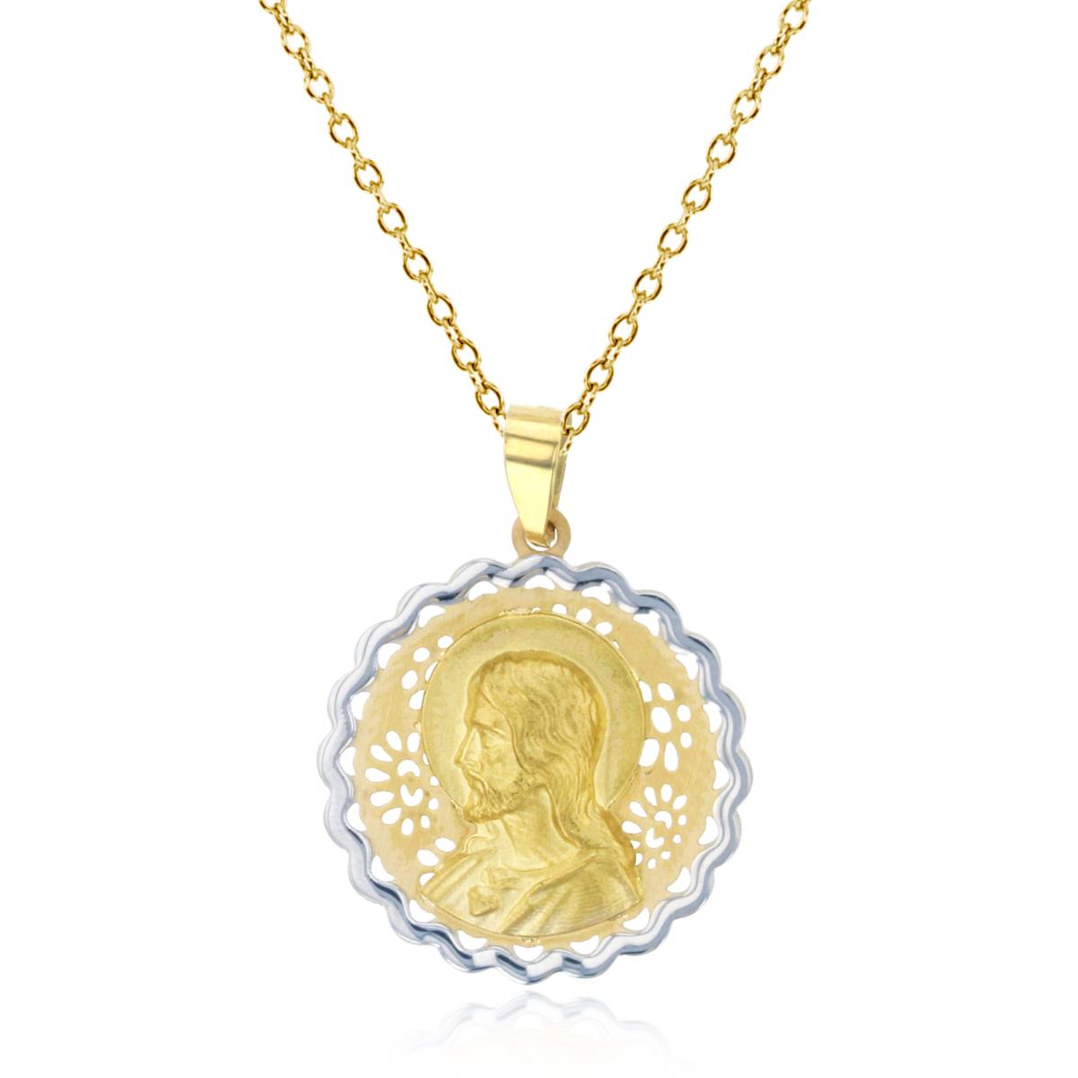 14K Two-Tone Gold 25x18mm Satin Sacred Heart of Jesus Wavy 18" Necklace