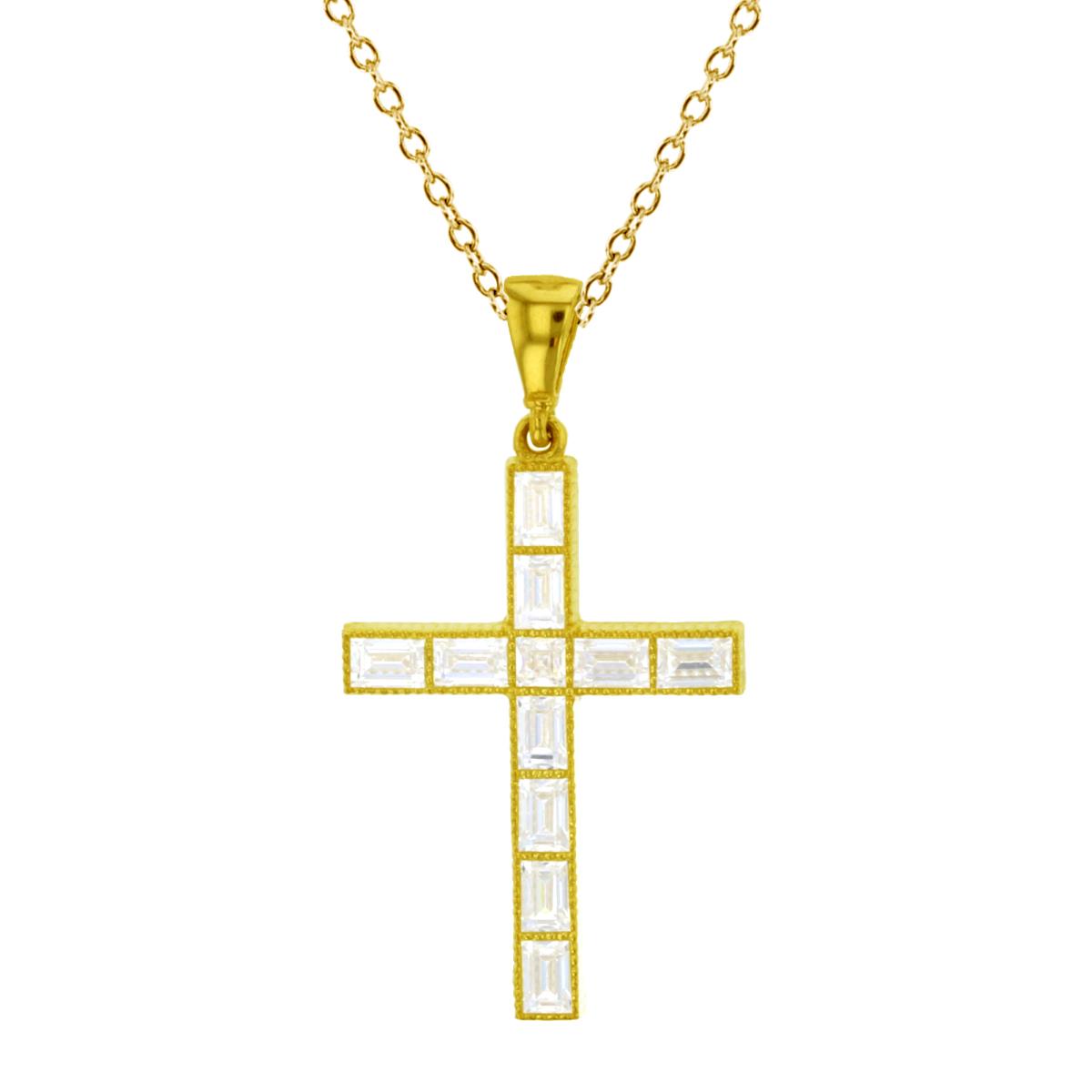 14K Yellow Gold Baguette CZ Milgrain Cross 18" Necklace