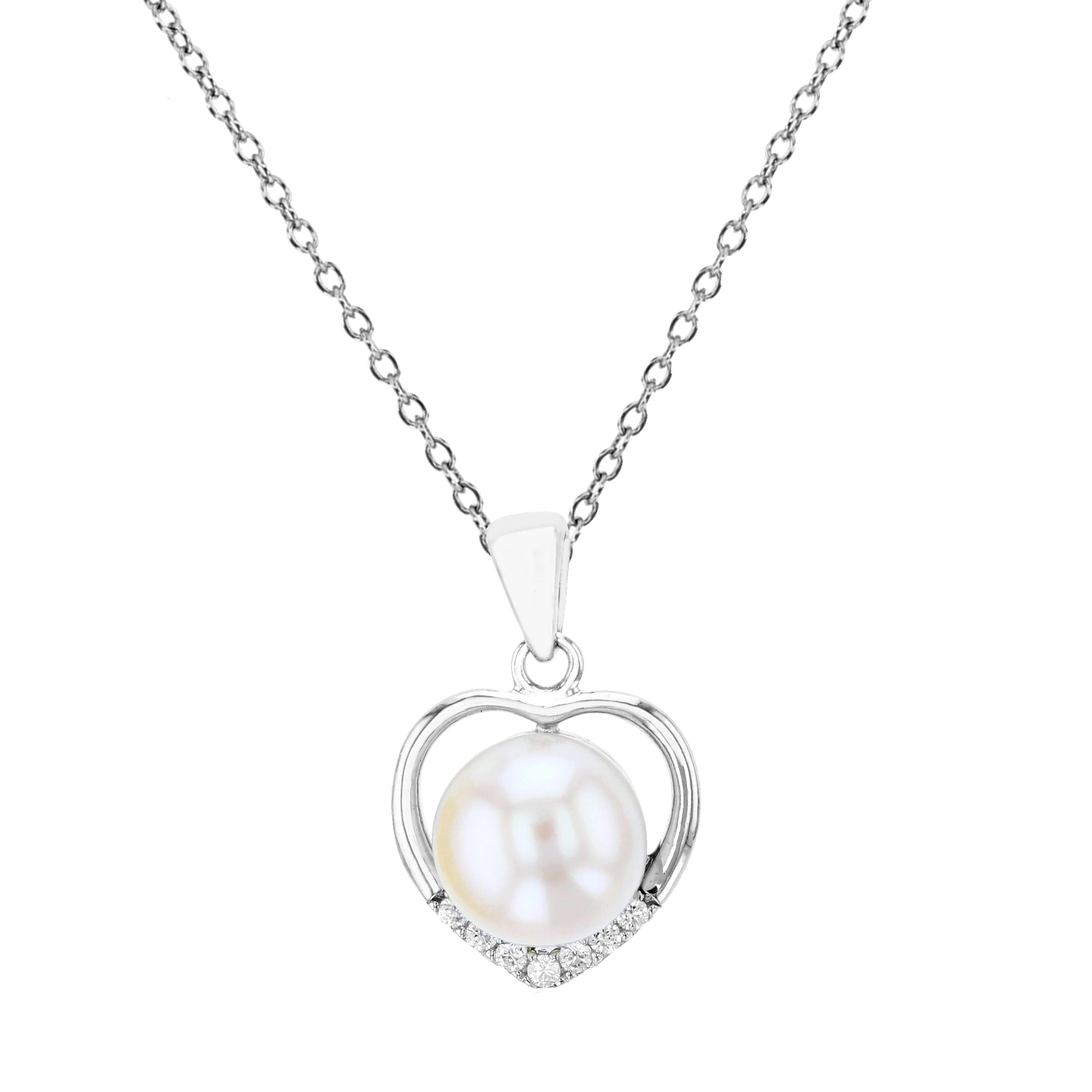 Sterling Silver Rhodium 9mm Freshwater Pearl & CZ Open Heart 18" Necklace