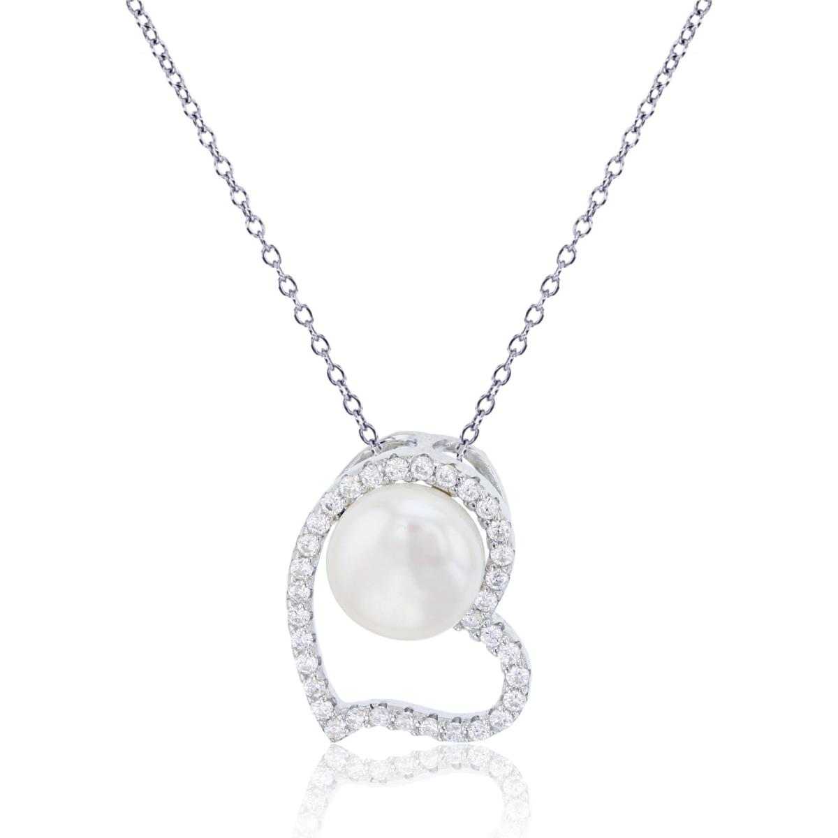 Sterling Silver Rhodium 8mm Freshwater Pearl Inside Micropave CZ Open Heart 18" Necklace