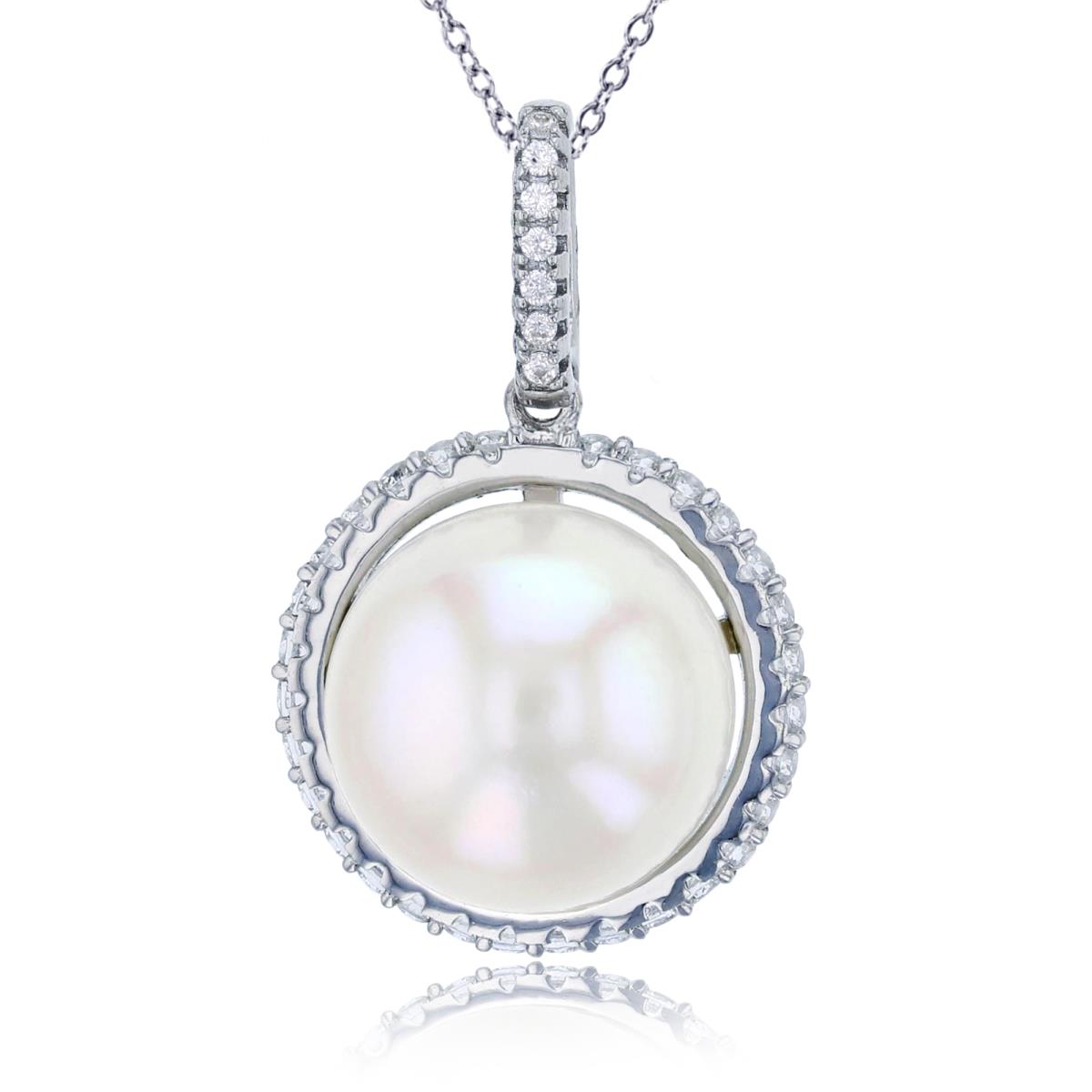 Sterling Silver Rhodium 13mm Freshwater Pearl & Micropave Circle Frame 18" Necklace