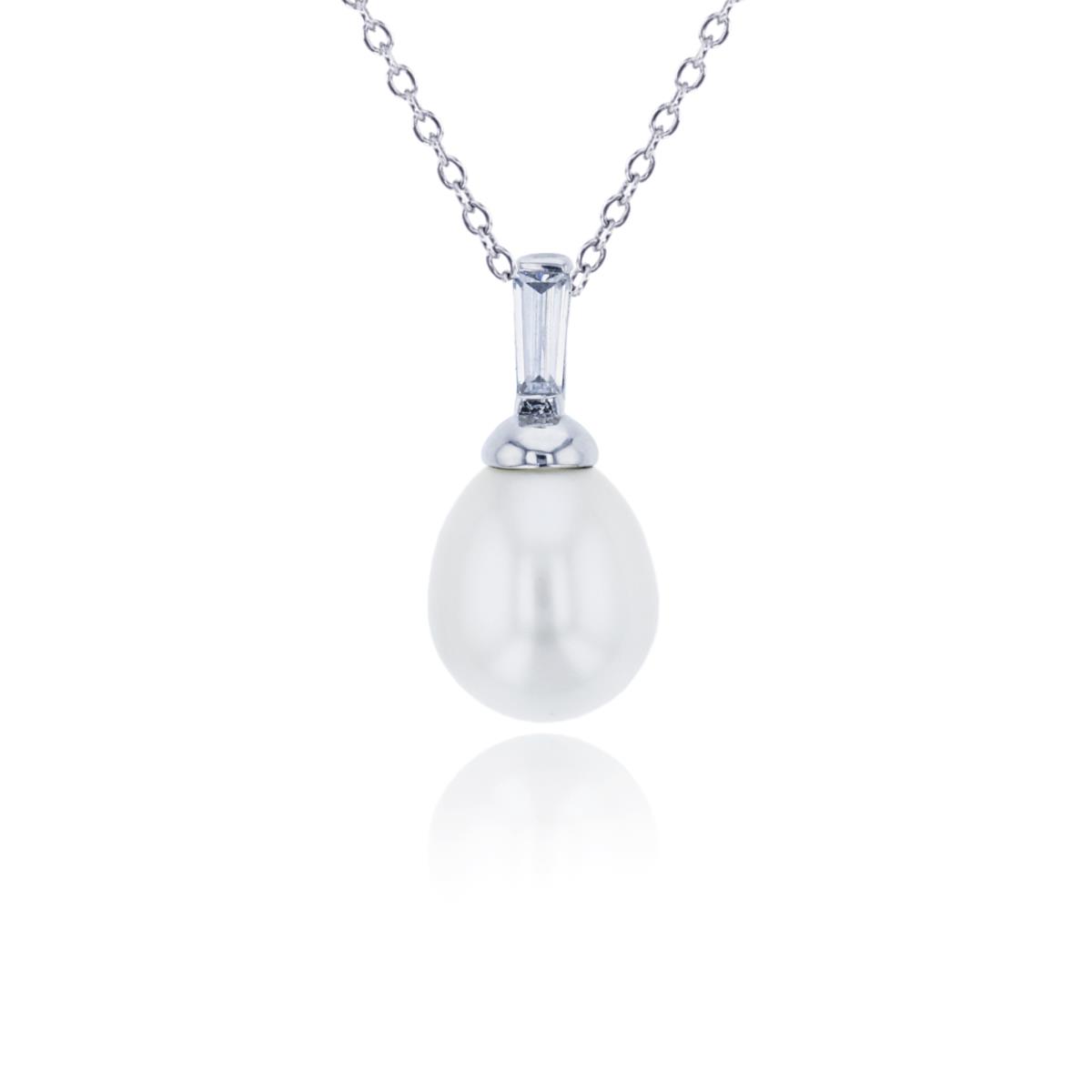 Sterling Silver Rhodium 8mm Fresh Water Pearl & Baguette CZ 2-Stone 18" Necklace