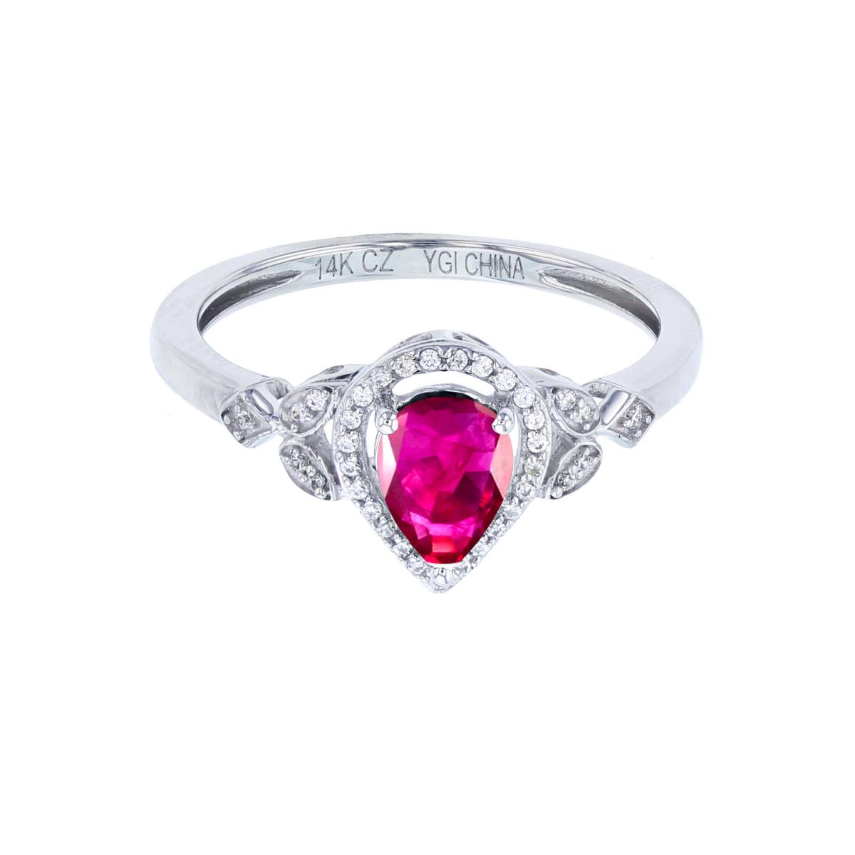 Sterling Silver Rhodium 7x5mm PS Glass Field Ruby & Created White Sapphire Halo PS-Ring