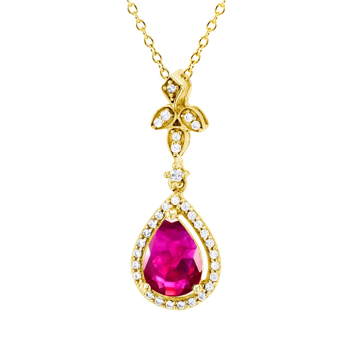 10K Yellow Gold 0.01CTTW Rnd Diamonds & 7x5mm PS Glass Filled Ruby Dangling Halo 18"Necklace
