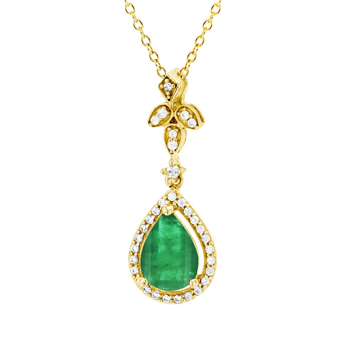10K Yellow Gold 0.01CTTW Rnd Diamonds & 7x5mm PS Emerald Dangling Halo 18"Necklace