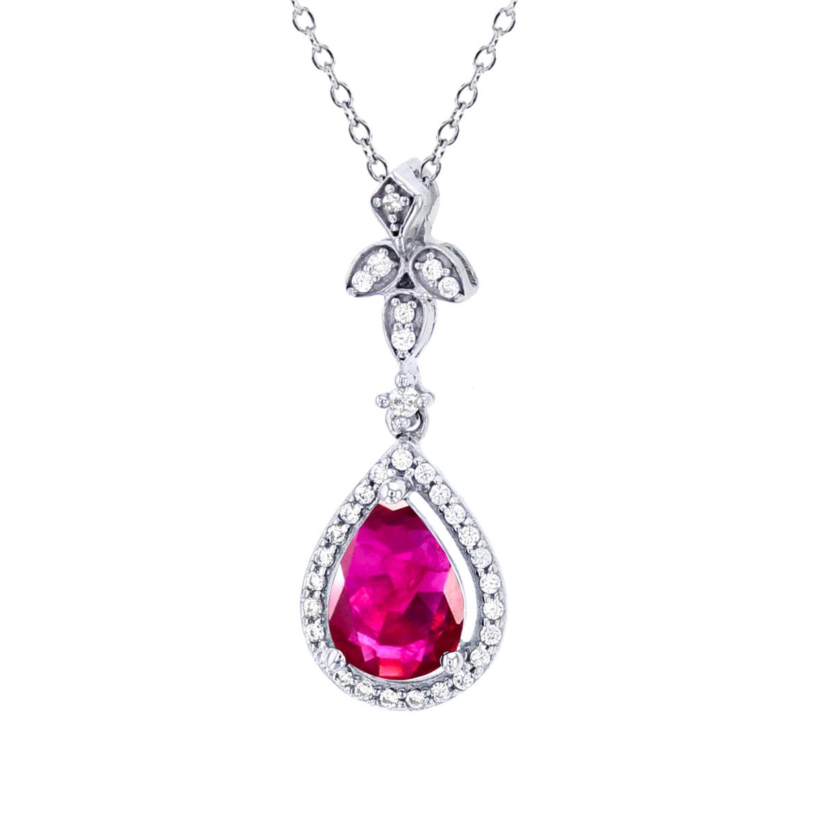 Sterling Silver Rhodium 7x5mm PS Glass Field Ruby & Created White Sapphire Dangling Halo 18"Necklace
