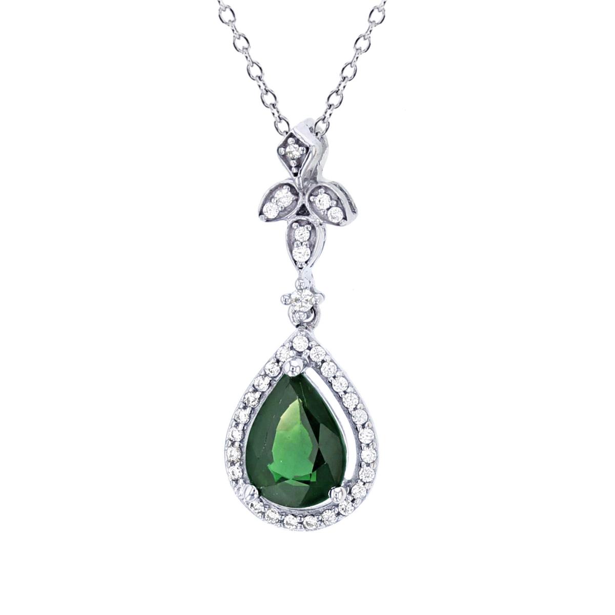 Sterling Silver Rhodium 7x5mm PS Emerald & Created White Sapphire Dangling Halo 18"Necklace