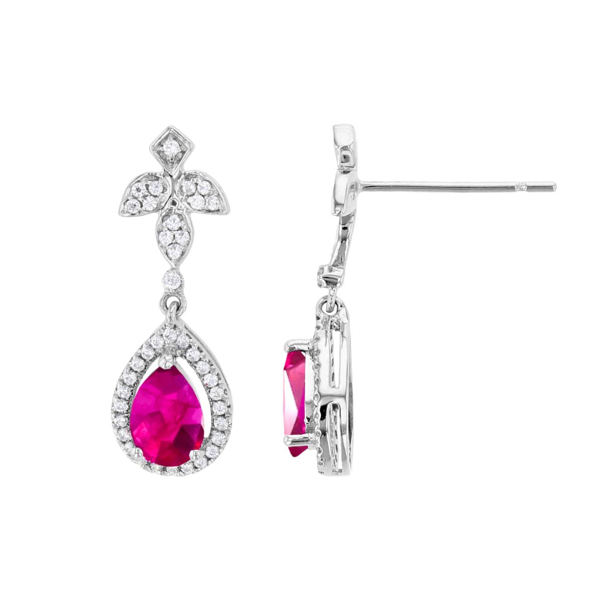 Sterling Silver Rhodium 6X4mm PS Glass Field Ruby & Created White Sapphire Dangling Earring