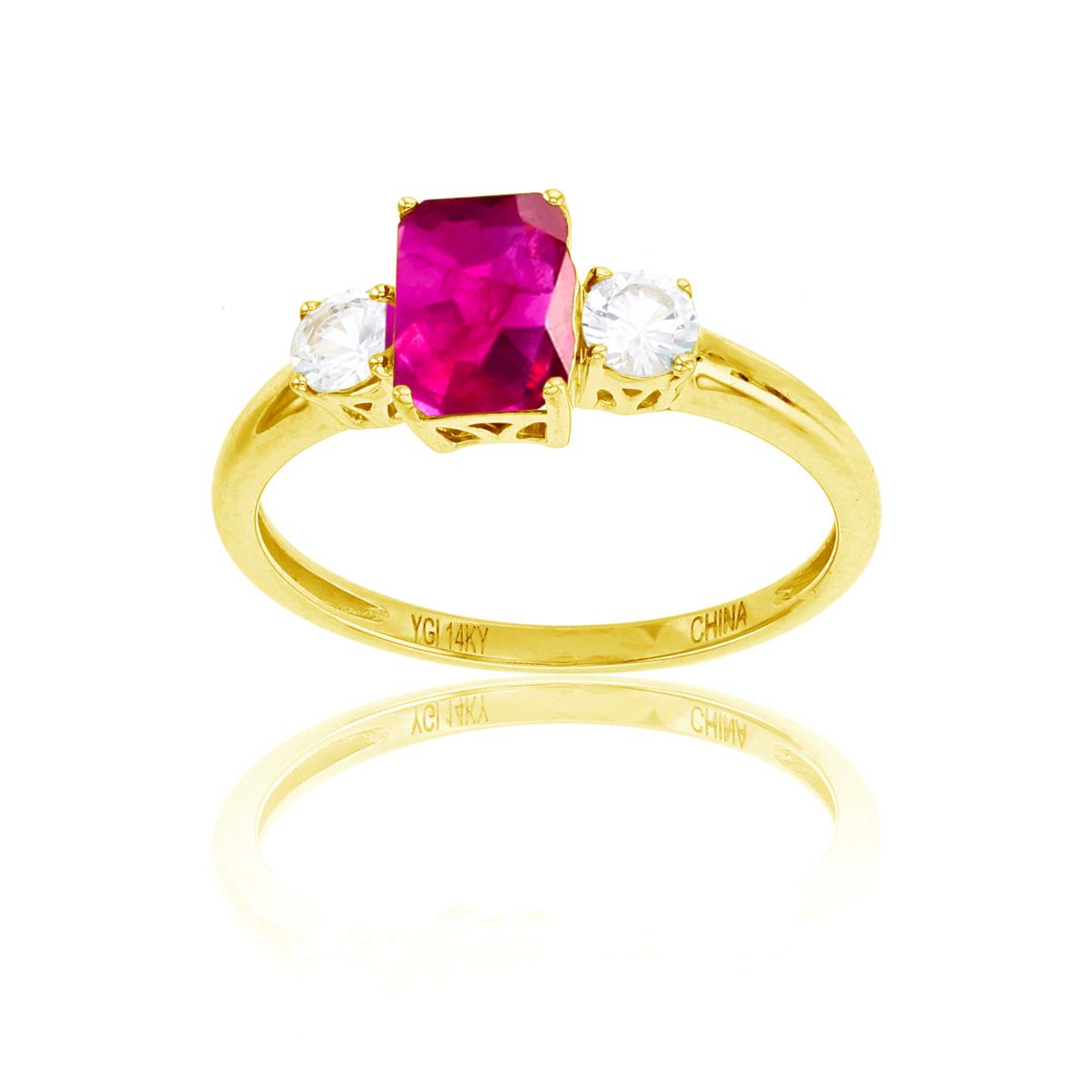10K Yellow Gold 7x5mm Oct Glass Filled Ruby & 3.5mm Rnd White Topaz on Sides Ring