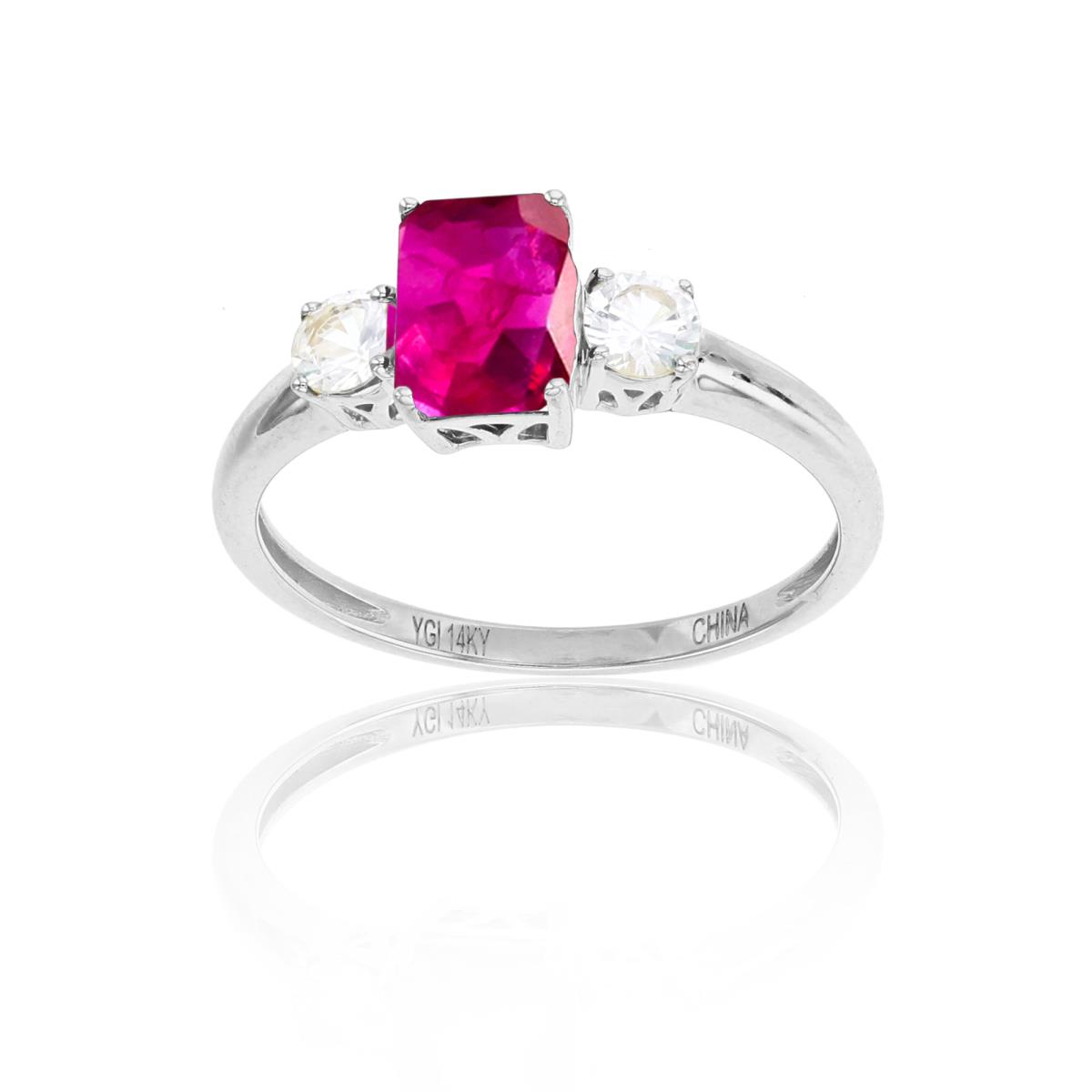 Sterling Silver Rhodium 7x5mm Oct Glass Filled Ruby & 3.5mm Rnd Created White Sapphire on Sides Ring