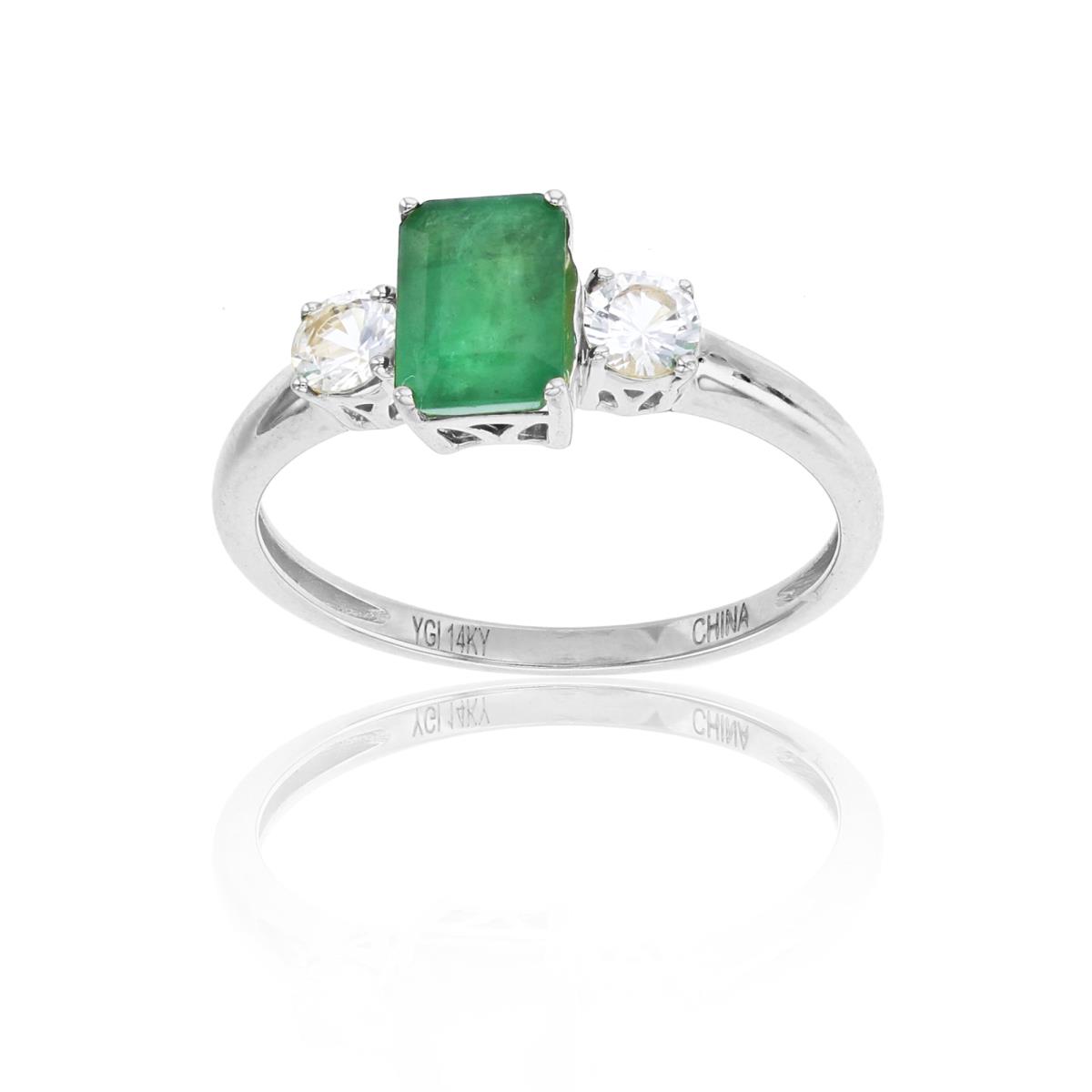 Sterling Silver Rhodium 7x5mm Oct Emerald & 3.5mm Rnd Created White Sapphire on Sides Ring