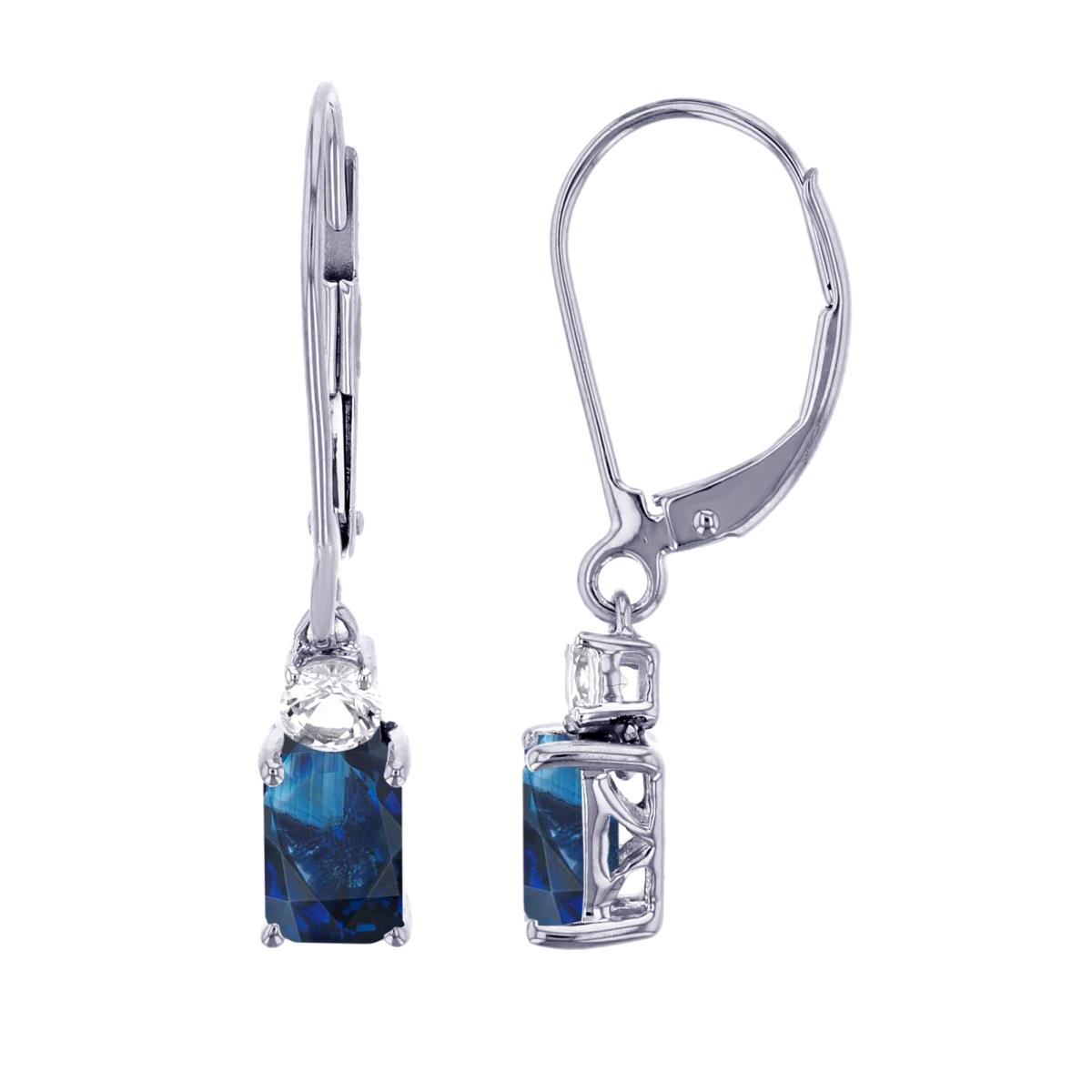 10K White Gold 6x4mm Oct Sapphire & Rnd White Topaz Dangling Octagon Earrings