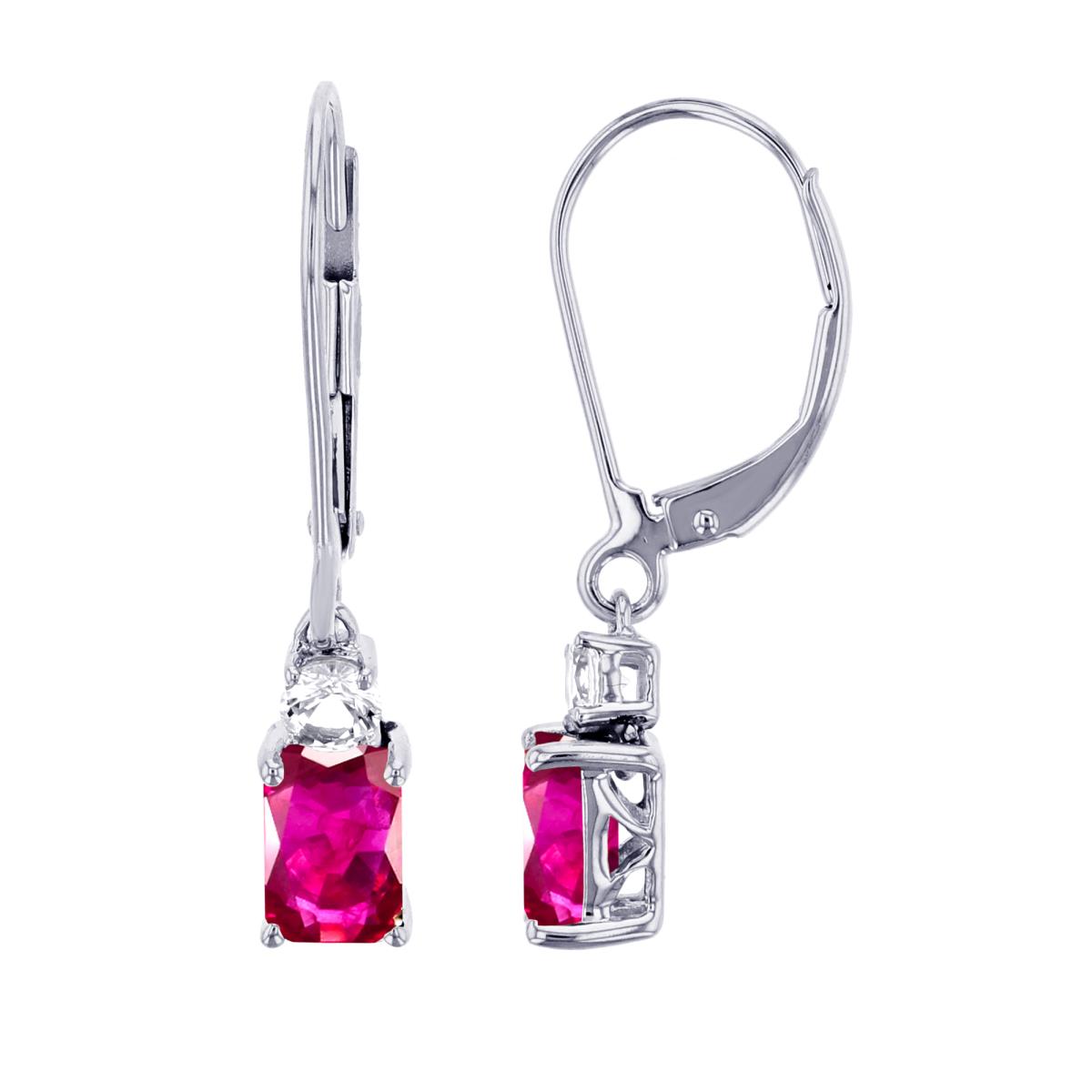 10K Yellow Gold 6x4mm Oct Glass Filled Ruby & Rnd White Topaz Dangling Octagon Earrings