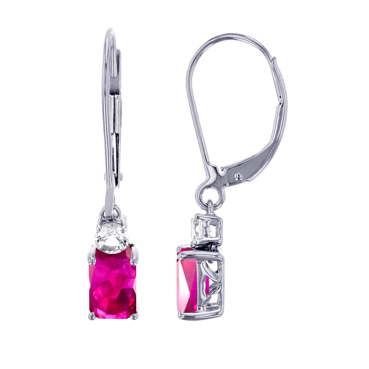 Sterling Silver Rhodium 6x4mm Oct Glass Field Ruby & Rnd Created White Sapphire Dangling Octagon Earrings