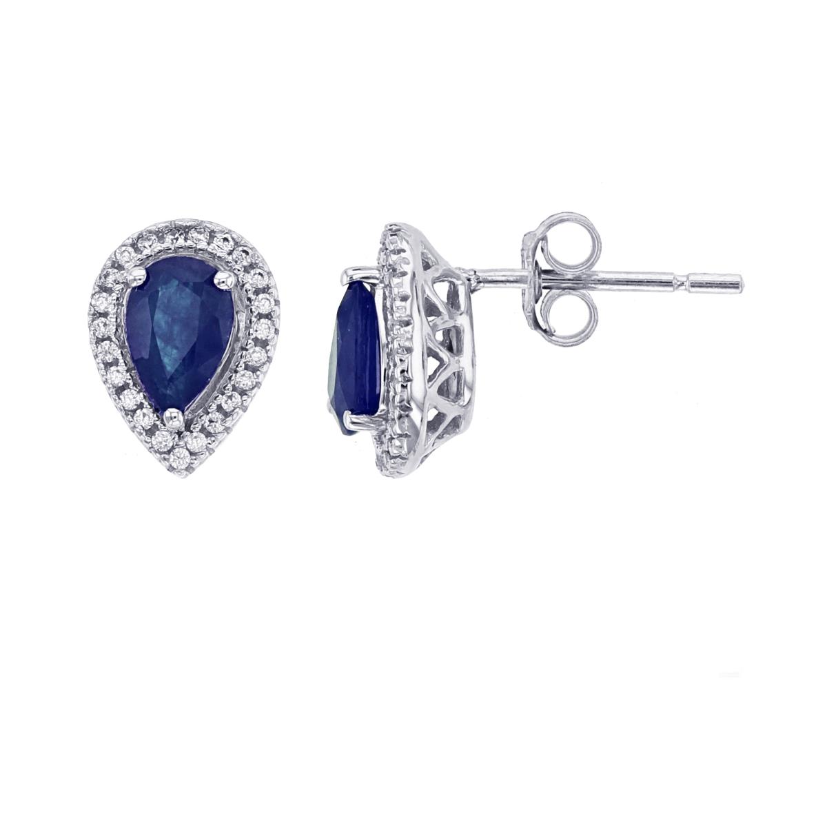 Sterling Silver Rhodium 6x4mm PS Sapphire & Rnd Created White Sapphire Halo Stud Earring