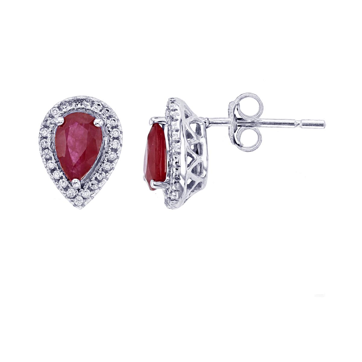 Sterling Silver Rhodium 6x4mm PS Glass Filled Ruby & Rnd Created White Sapphire Halo Stud Earring