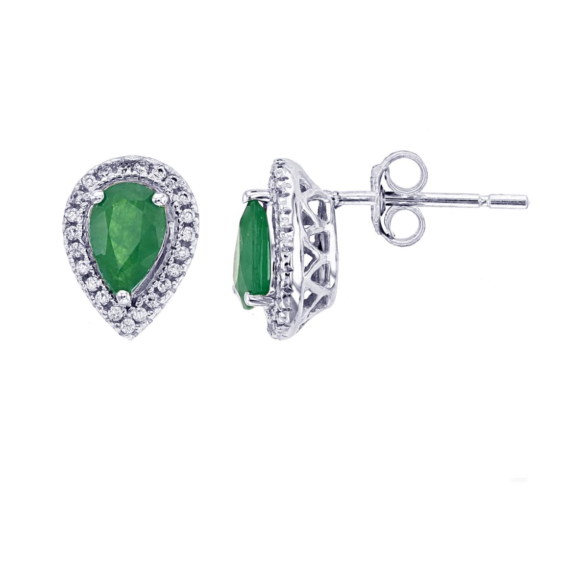 Sterling Silver Rhodium 6x4mm PS Emerald & Rnd Created White Sapphire Halo Stud Earring