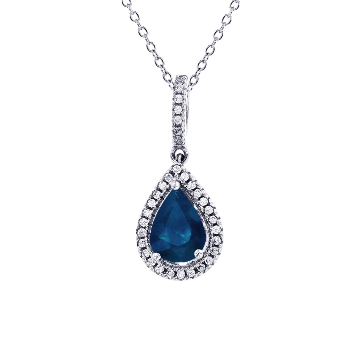 Sterling Silver Rhodium 7x5mm PS Sapphire & Rnd Created White Sapphire Halo 18"Necklace