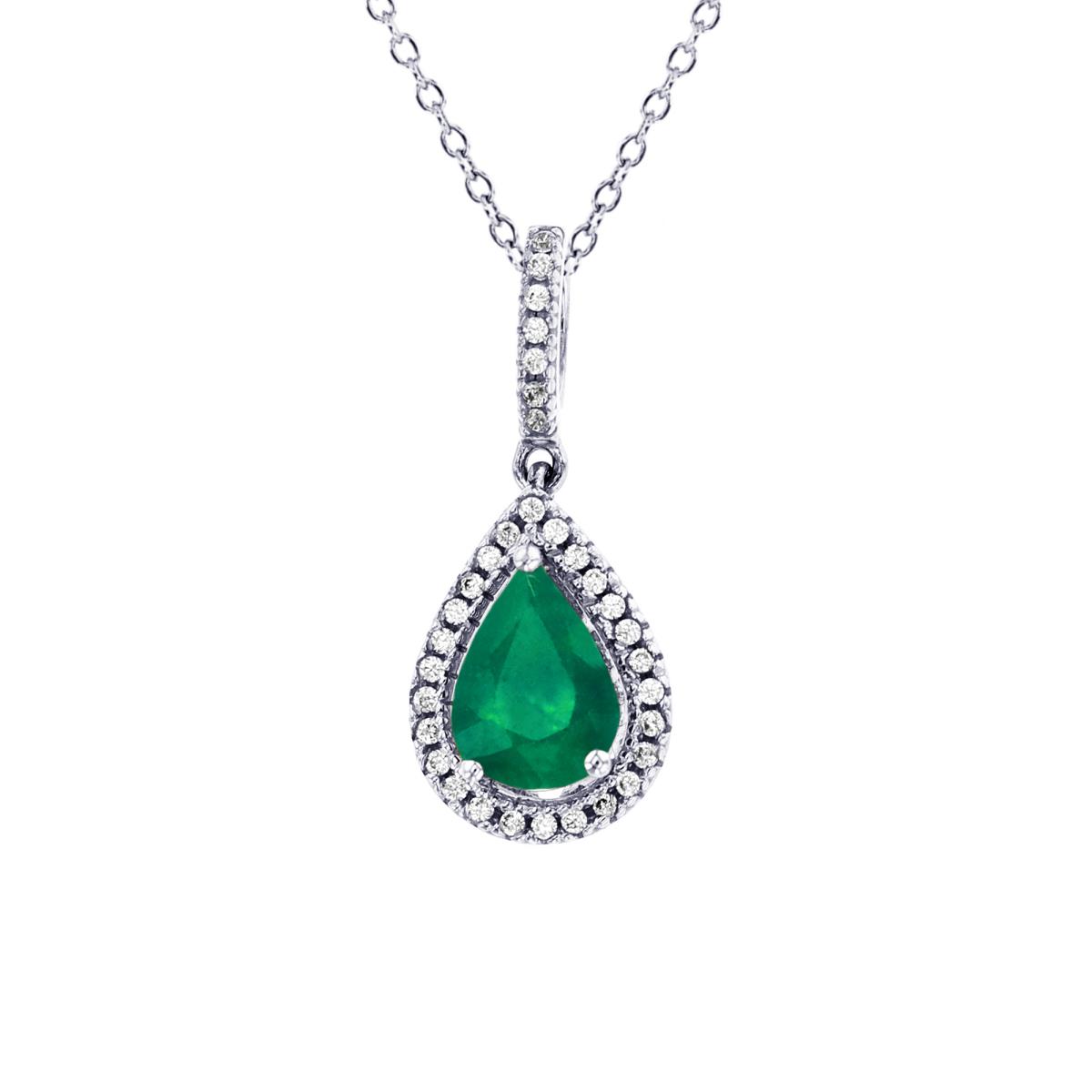 Sterling Silver Rhodium 7x5mm PS Emerald & Rnd Created White Sapphire Halo 18"Necklace