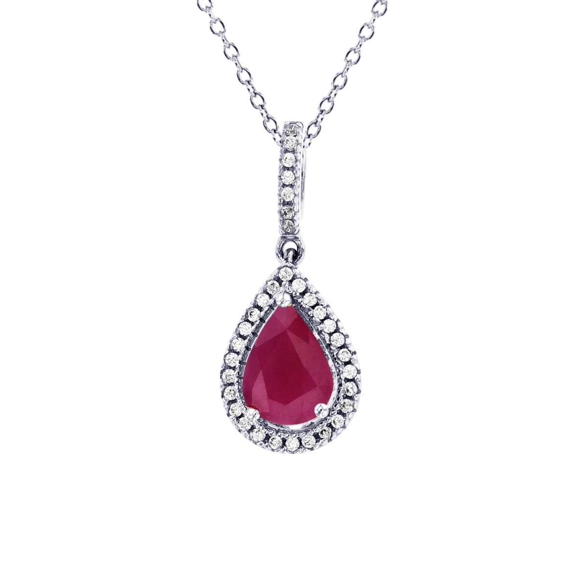 Sterling Silver Rhodium 7x5mm PS Glass Filled Ruby & Rnd Created White Sapphire Halo 18"Necklace