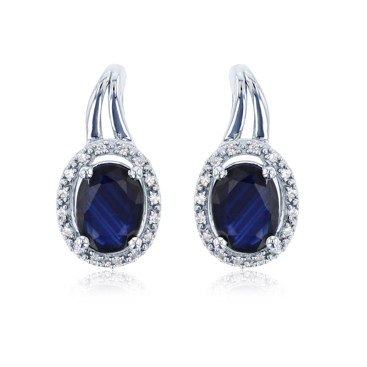 Sterling Silver Rhodium 6x4mm Ov Sapphire & Rnd Created White Sapphire Oval Halo Earring
