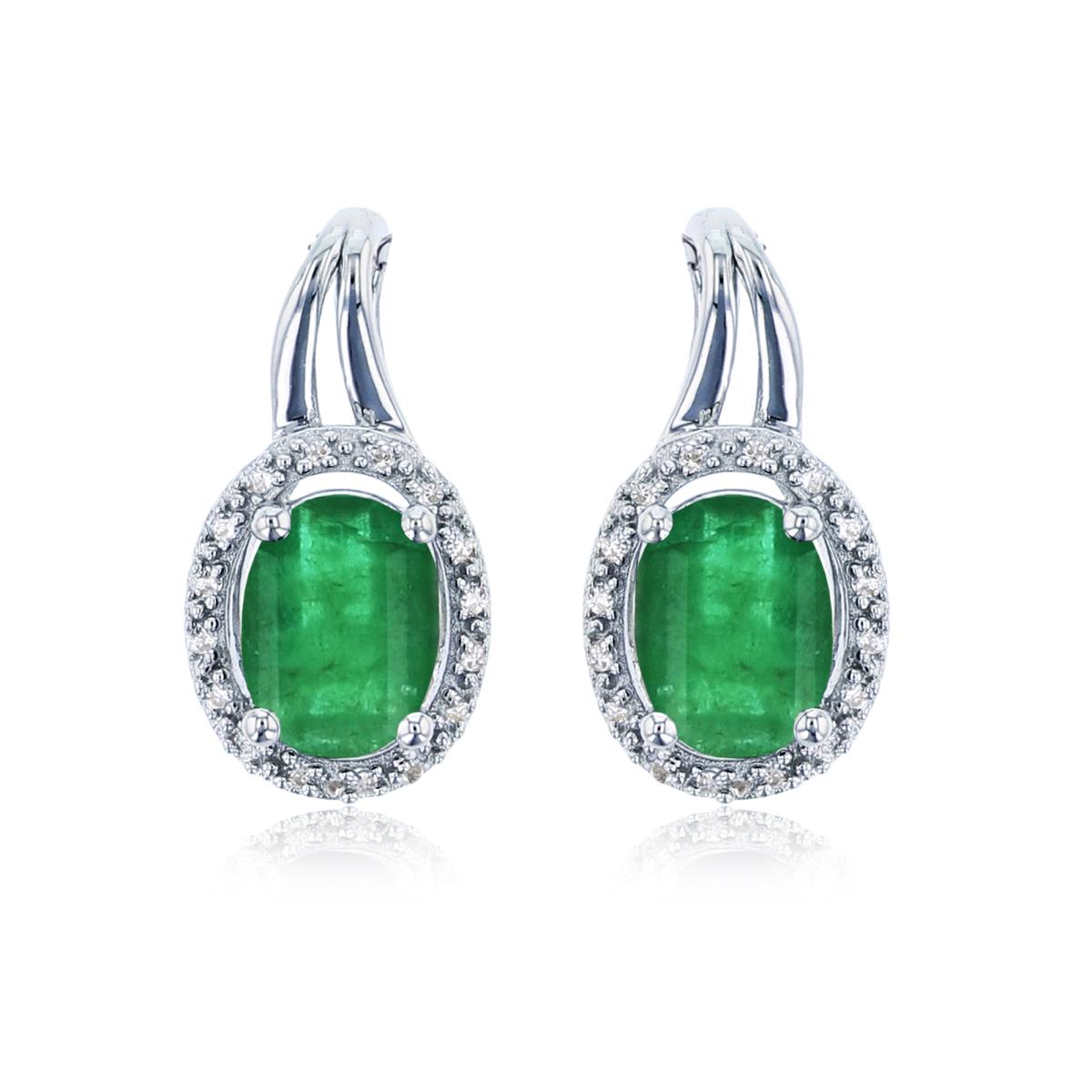 Sterling Silver Rhodium 6x4mm Ov Emerald & Rnd Created White Sapphire Oval Halo Earring