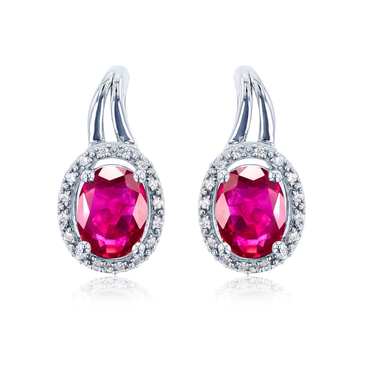 Sterling Silver Rhodium 6x4mm Ov Glass Filled Ruby & Rnd Created White Sapphire Oval Halo Earring