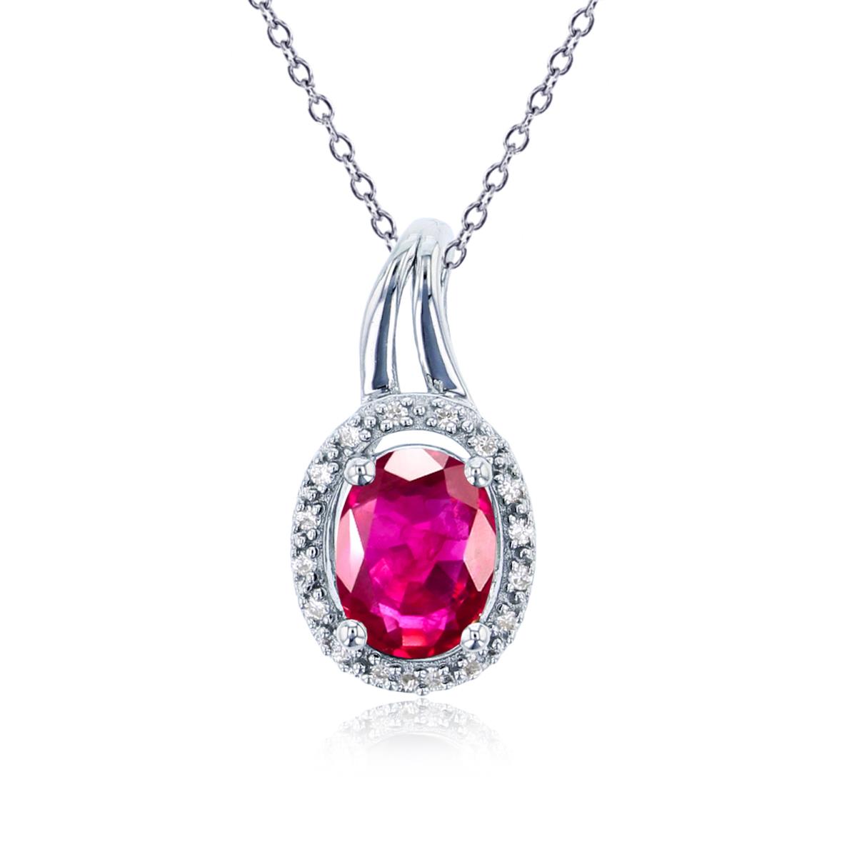 Sterling Silver Rhodium 7x5mm Ov Glass Filled Ruby & Rnd Created White Sapphire Oval Halo 18"Necklace