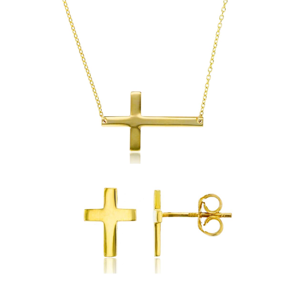 14K Yellow Gold Polished Sideways Cross 16"-18" Necklace & Cross Stud Earring Set