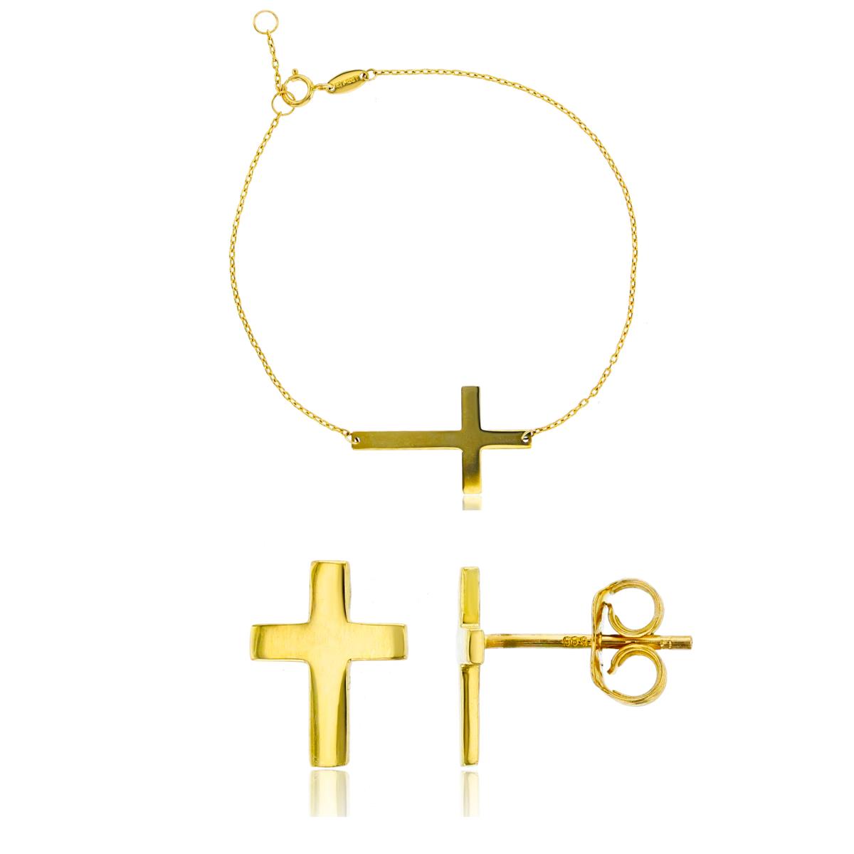 14K Yellow Gold Polished Sideways Cross 7.5" Necklace & Cross Stud Earring Set