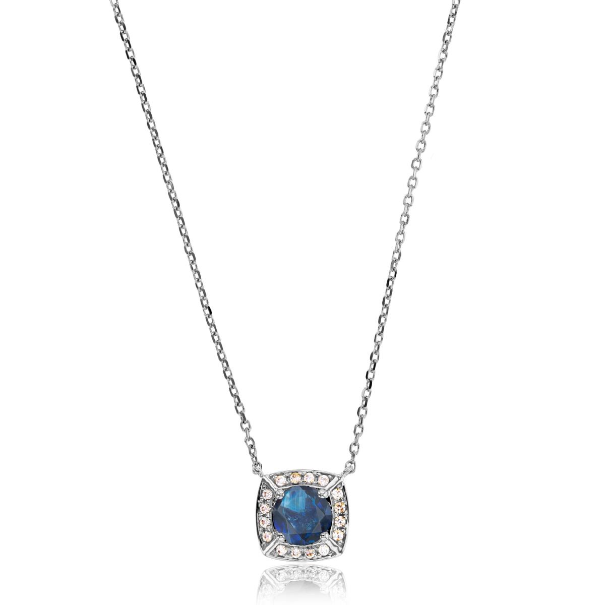 Sterling Silver Rhodium 5mm Rnd Sapphire & Rnd Created White Sapphire Cushion 18" Necklace