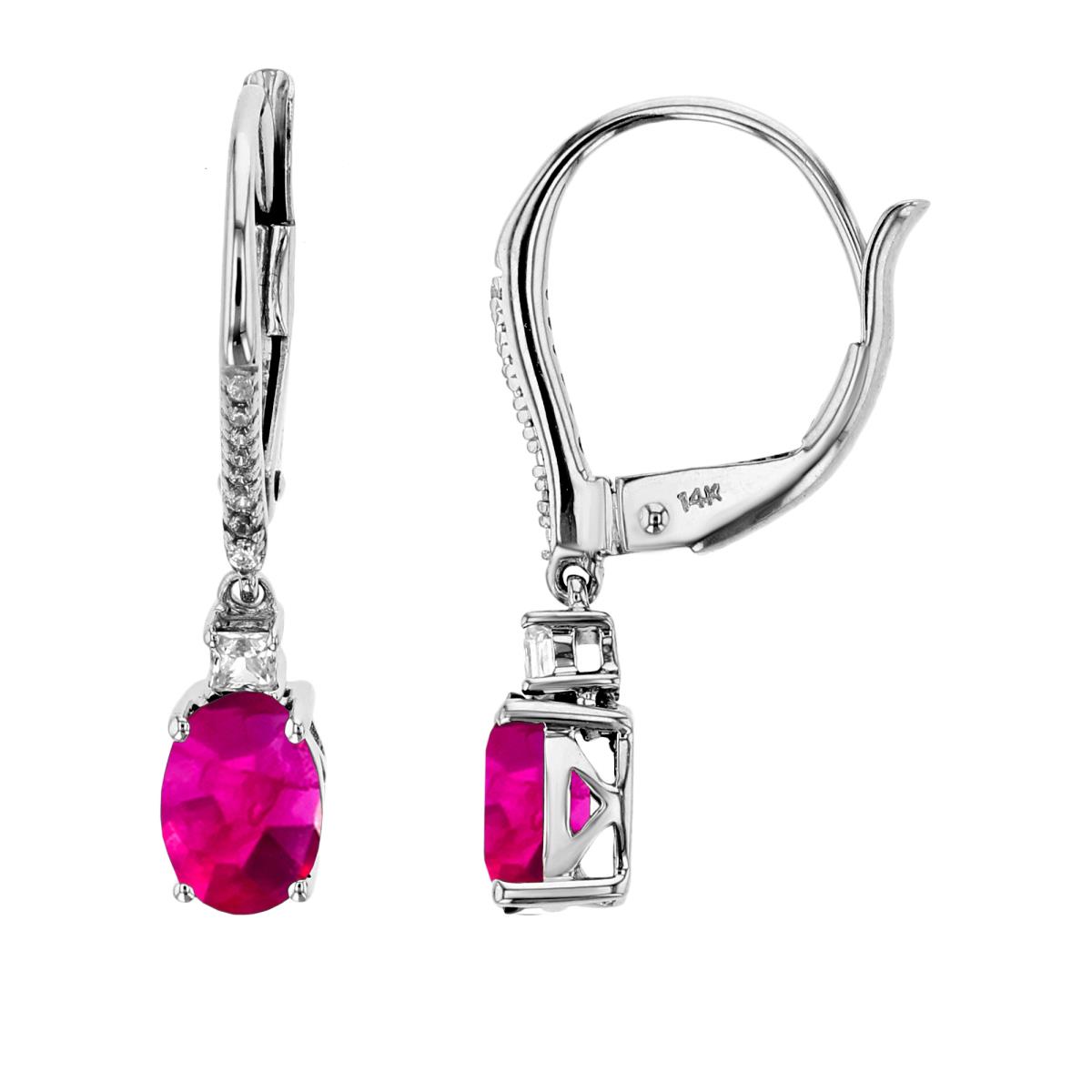 Sterling Silver Rhodium 7x5mm Ov Glass Filled Ruby & SQ/Rnd Created White Sapphire Dangling Earring
