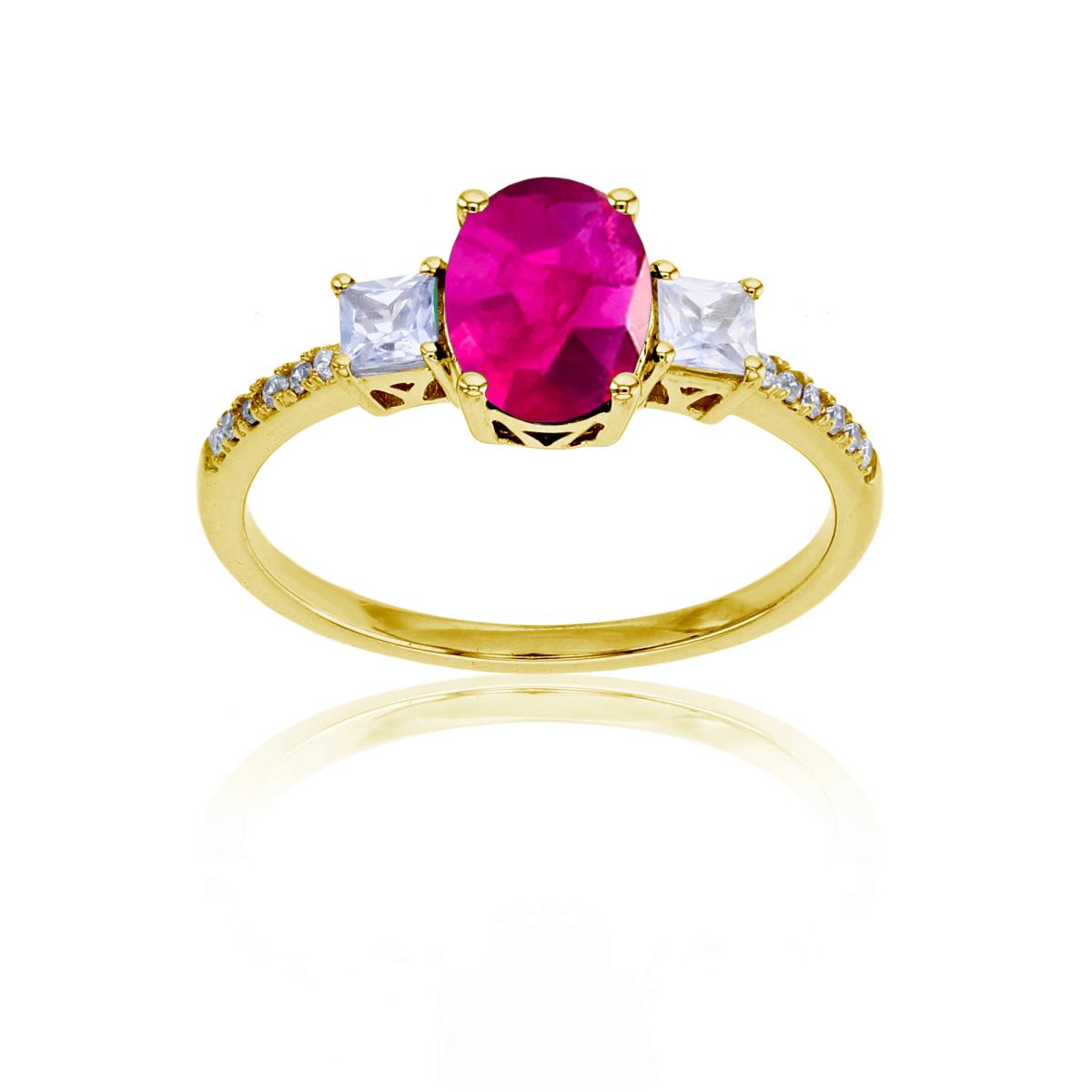 10K Yellow Gold 0.054cttw Rnd  Diamonds & 8x6mm Ov Glass Filled Ruby /3mm Square White Topaz Ring