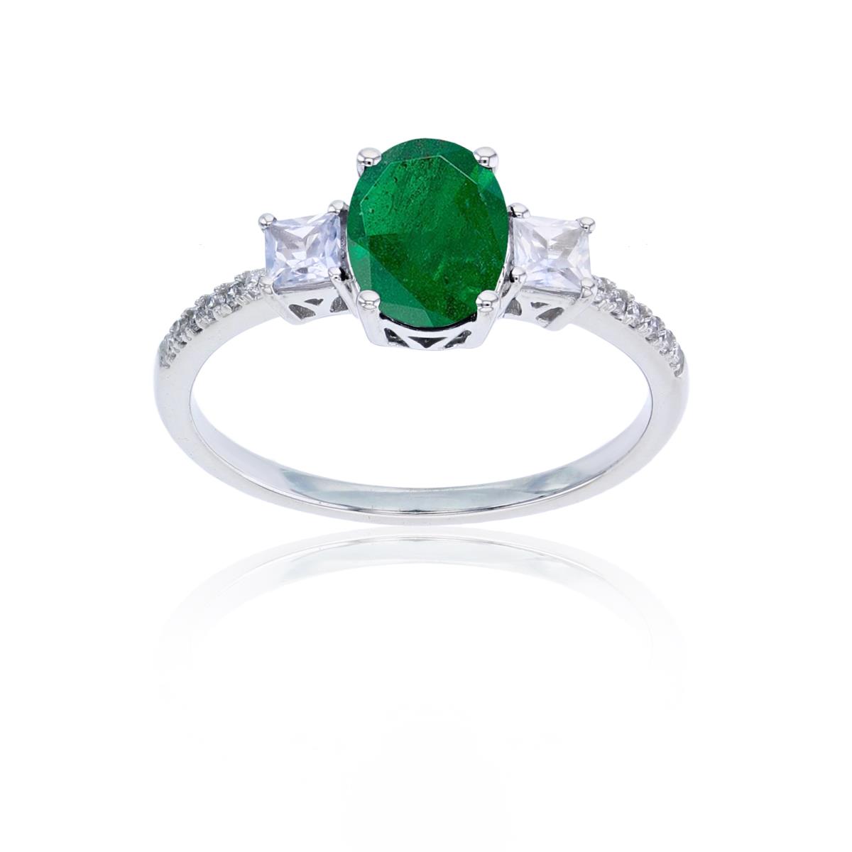 Sterling Silver Rhodium 8X6mm Ov Emerald & 3mm Square/Rnd Created White Sapphire Ring