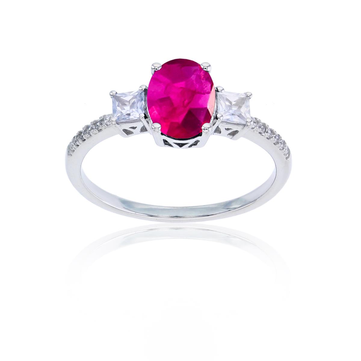 Sterling Silver Rhodium 8x6mm Ov Glass Filled Ruby & 3mm Square/Rnd Created White Sapphire Ring