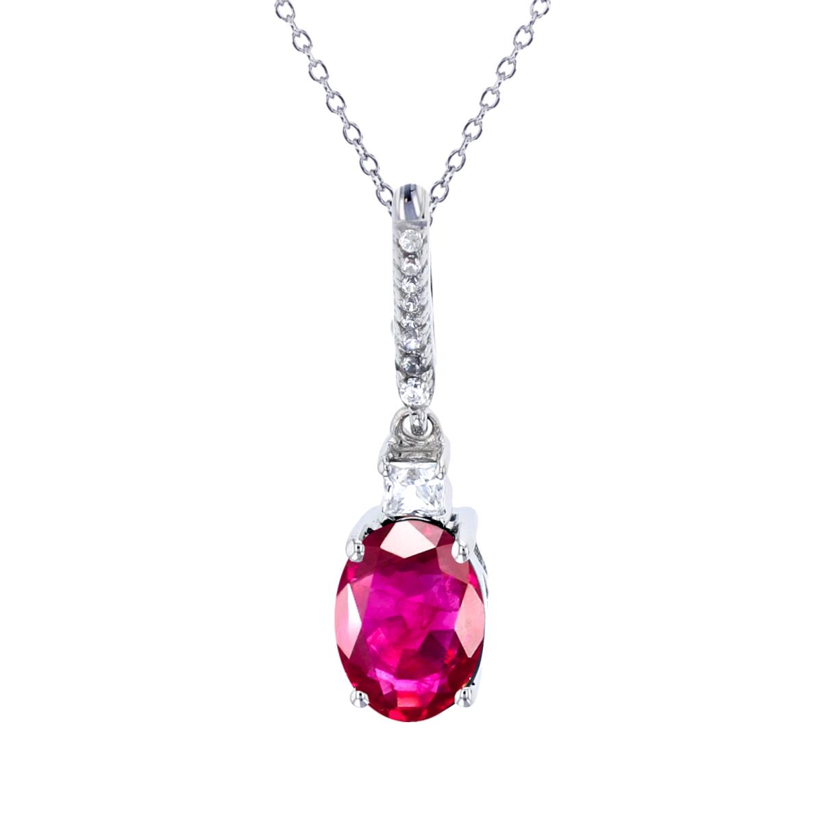 Sterling Silver Rhodium 7x5mm Ov Glass Filled Ruby & SQ/Rnd Created White Sapphire18"Necklace