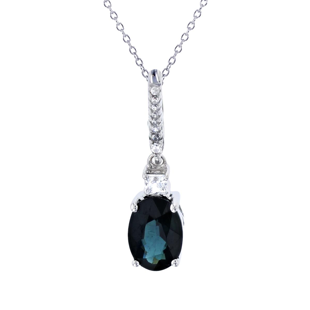 Sterling Silver Rhodium 7x5mm Ov Sapphire & SQ/Rnd Created White Sapphire18"Necklace