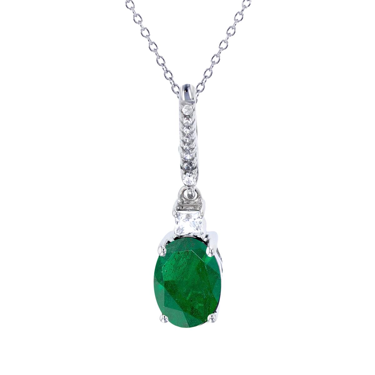 Sterling Silver Rhodium 7x5mm Ov Emerald & SQ/Rnd Created White Sapphire18"Necklace