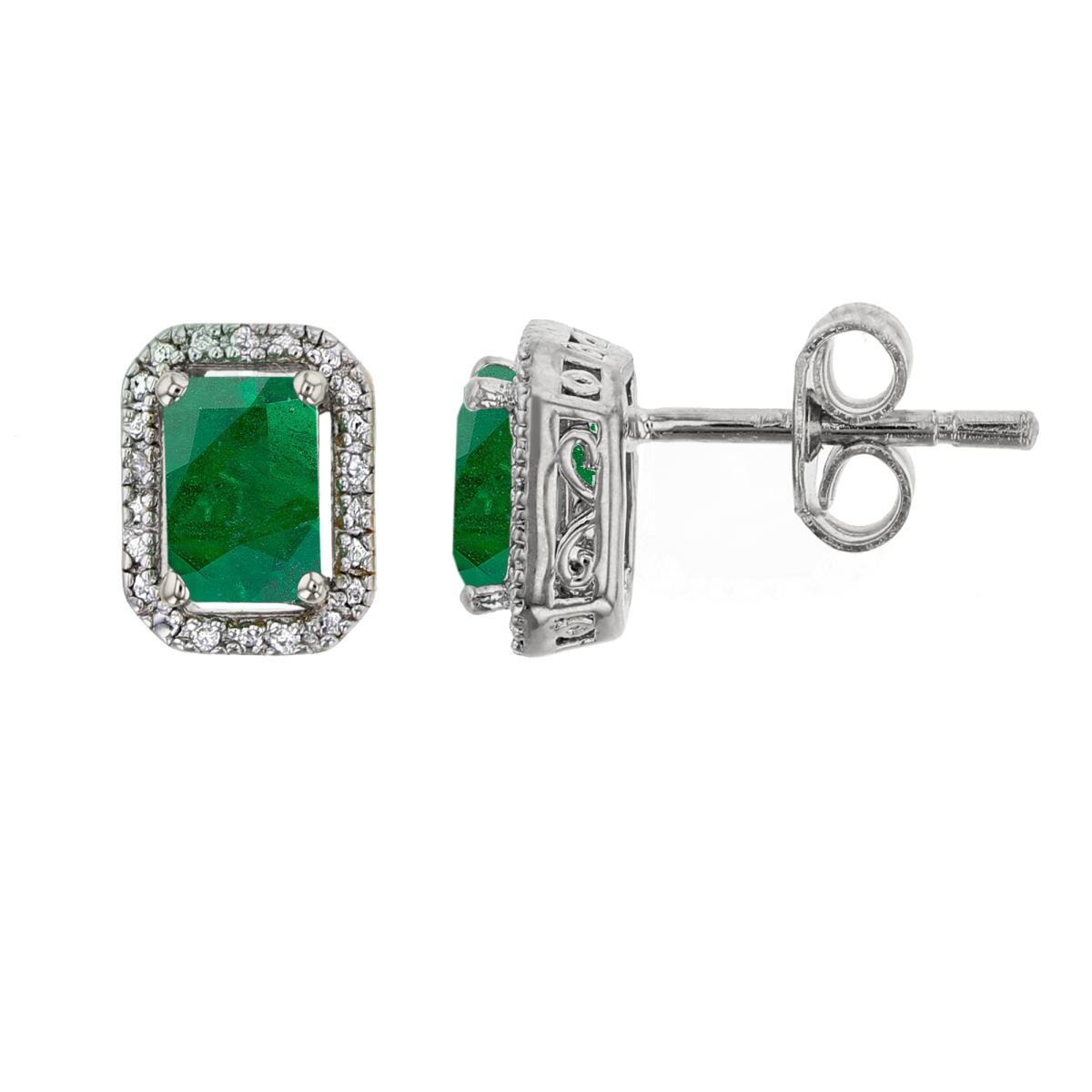 Sterling Silver Rhodium 6x4mm Oct Emerald & Rnd Created White Sapphire Cushion Stud Earrings