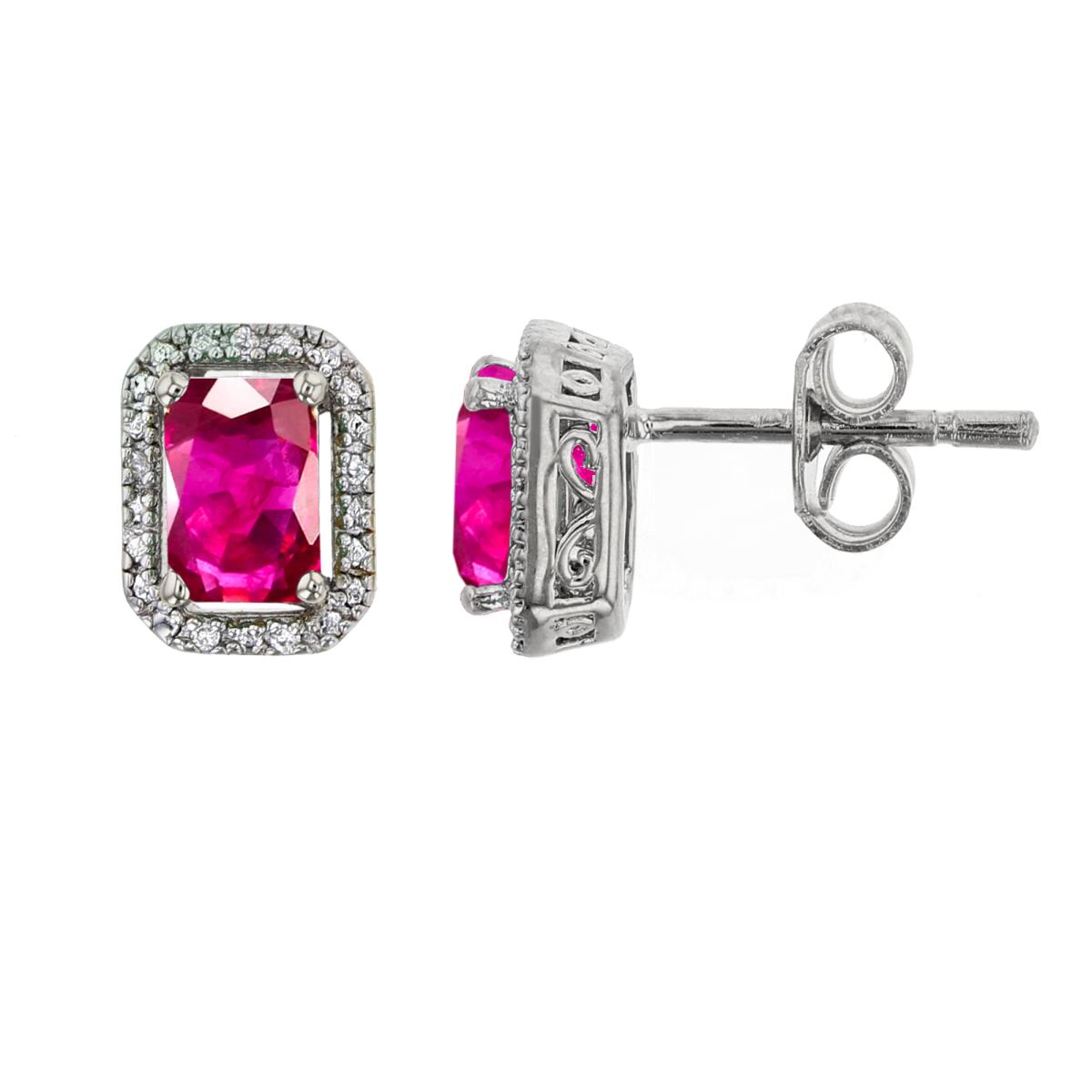 Sterling Silver Rhodium 6x4mm Oct Glass Filled Ruby & Rnd Created White Sapphire Cushion Stud Earrings
