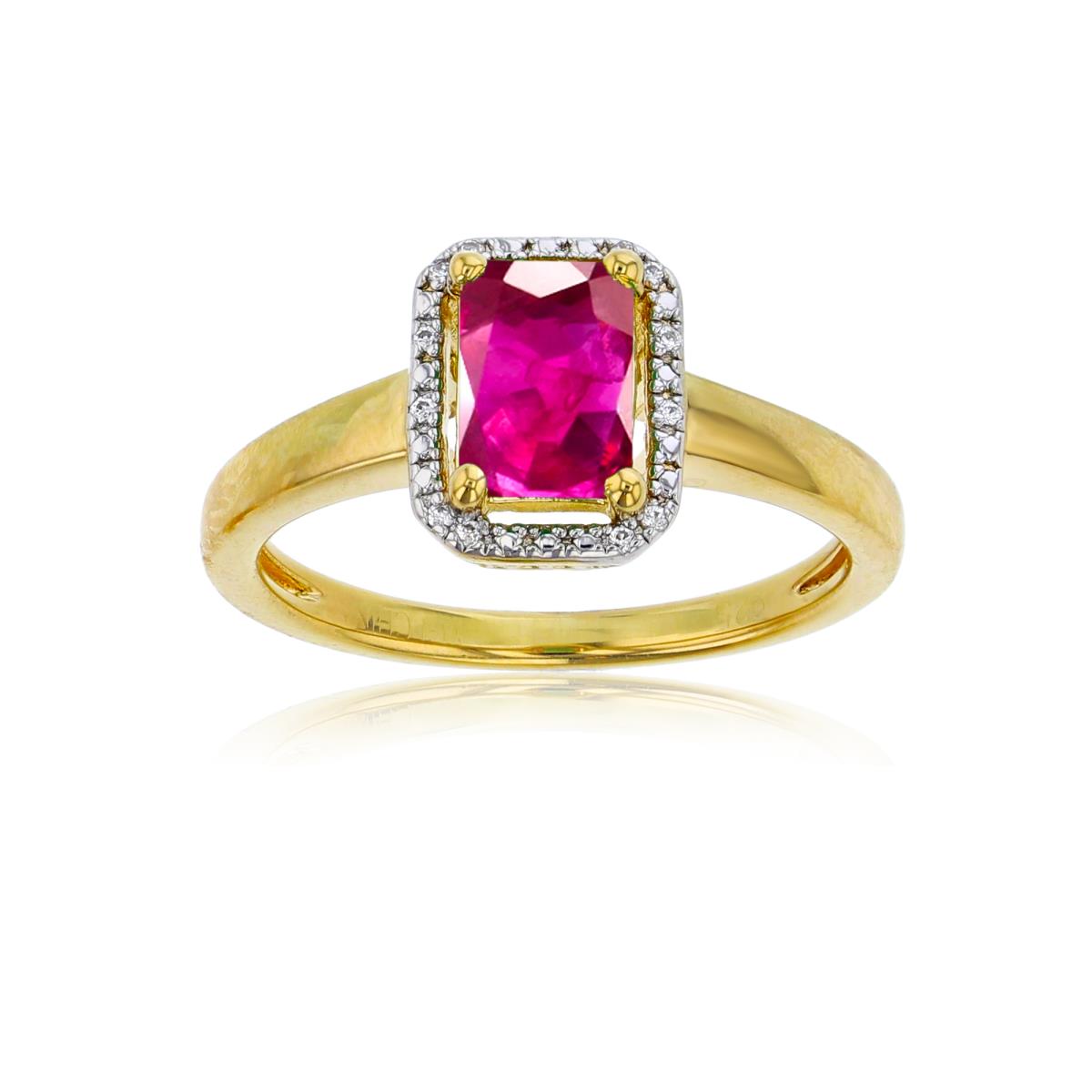 10K Yellow Gold 0.01cttw Rnd Diamonds & 7x5mm Oct Glass Filled Ruby Cushion Ring