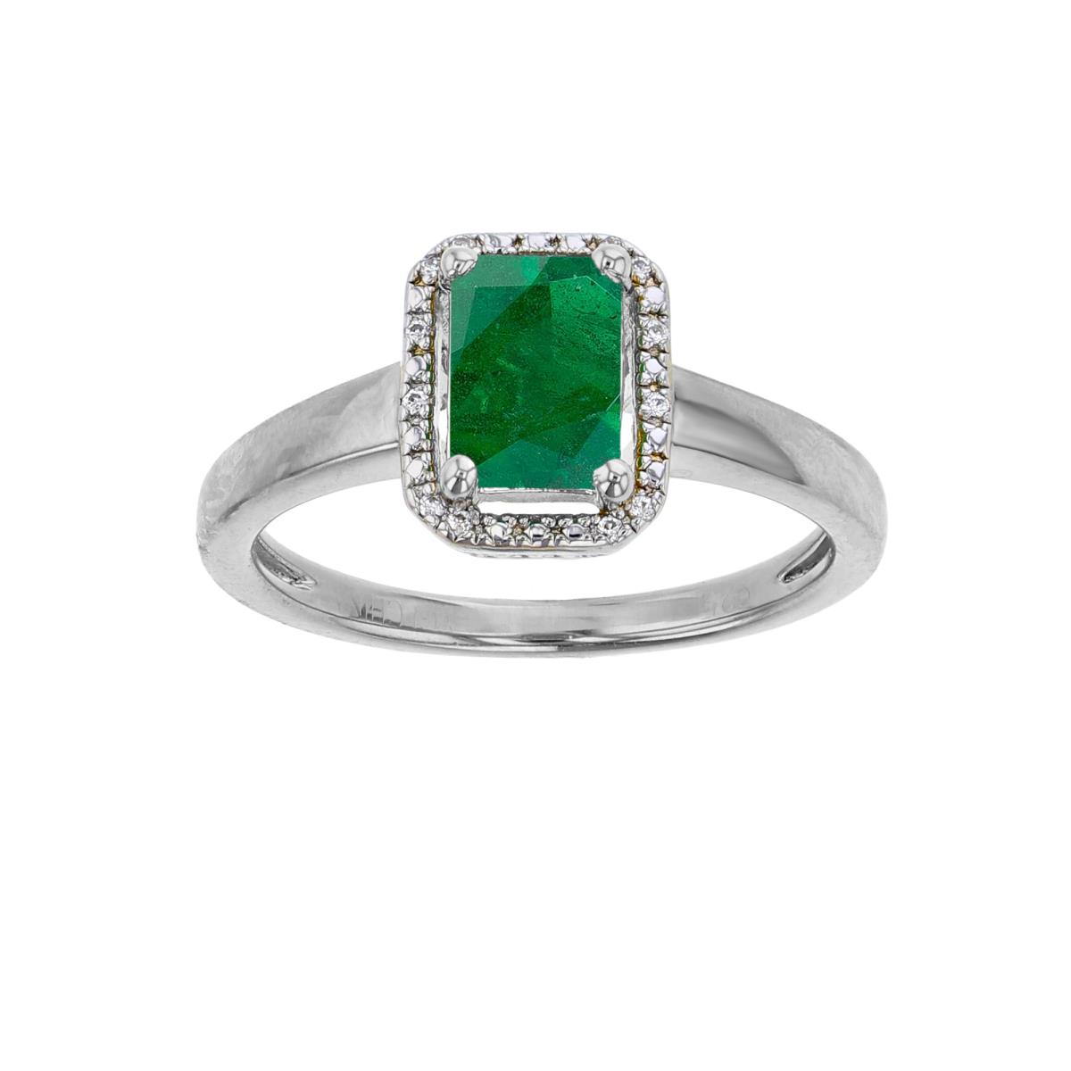 Sterling Silver Rhodium 7x5mm Oct Emerald & Rnd Created White Sapphire Cushion Ring