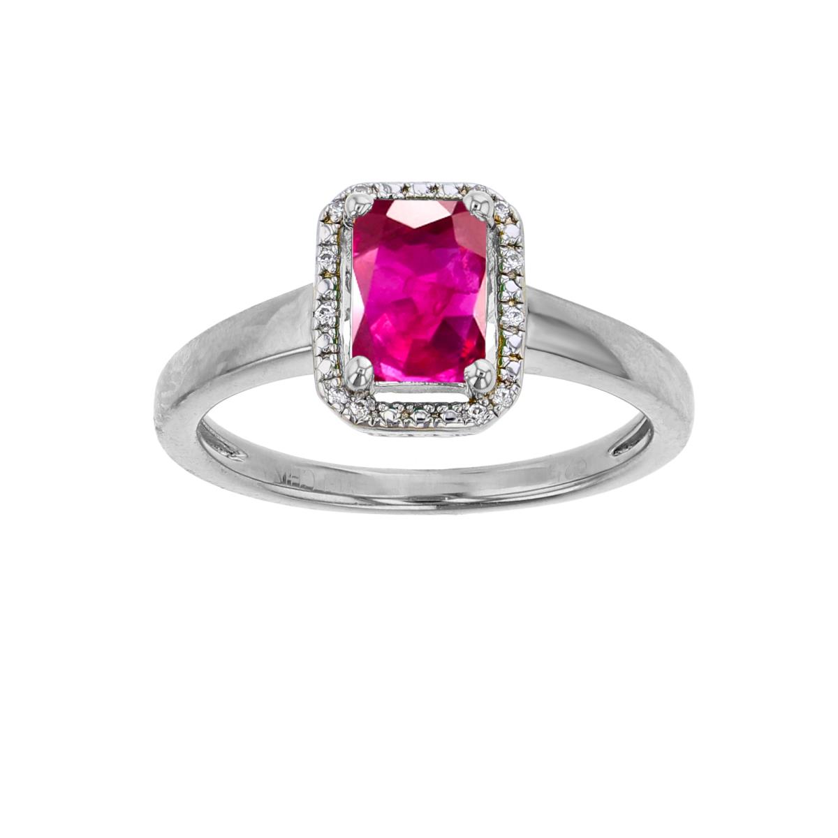 Sterling Silver Rhodium 7x5mm Oct Glass Filled Ruby & Rnd Created White Sapphire Cushion Ring