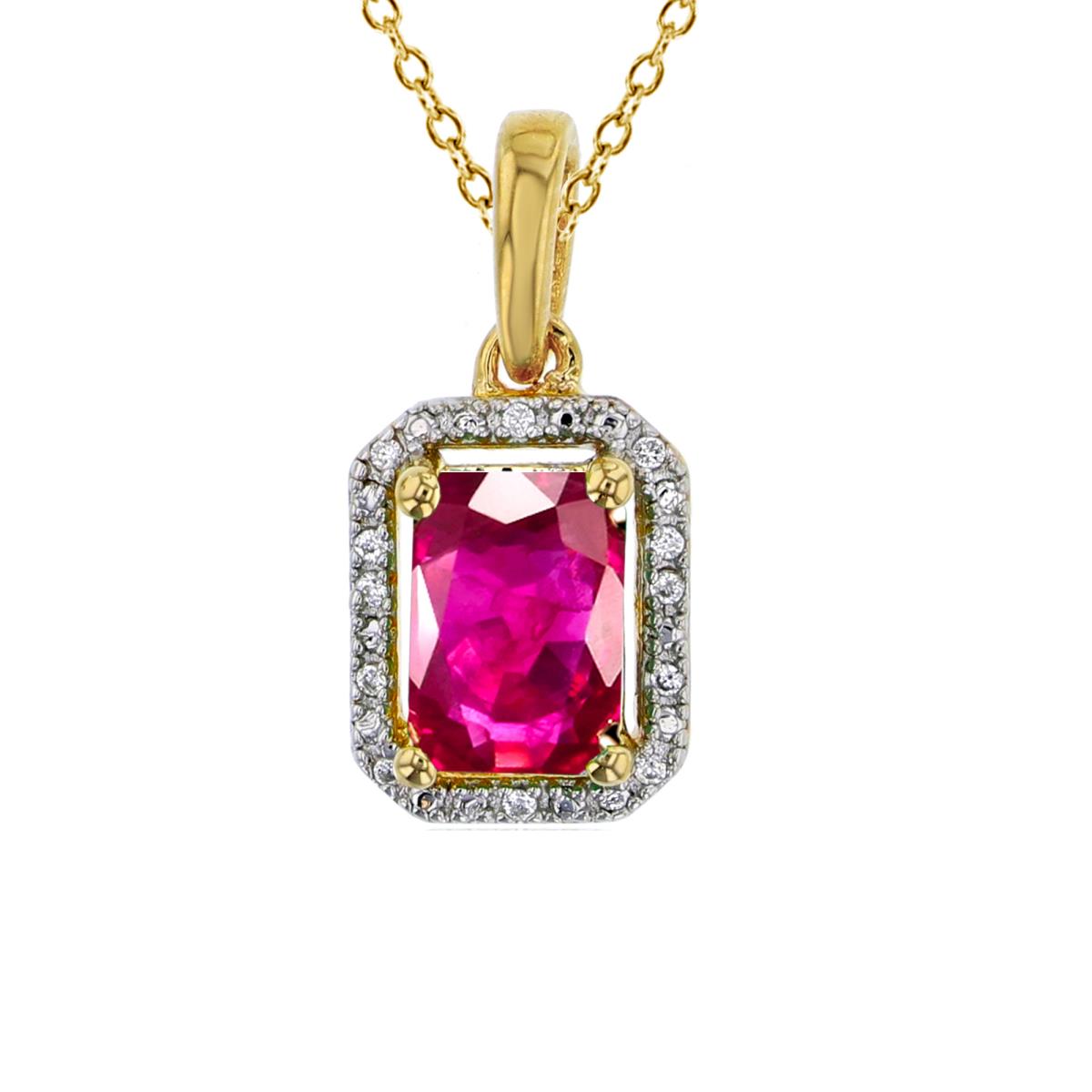 10K Yellow Gold 0.01cttw Rnd Diamonds & 7x5mm Oct Glass Filled Ruby Cushion 18"Necklace