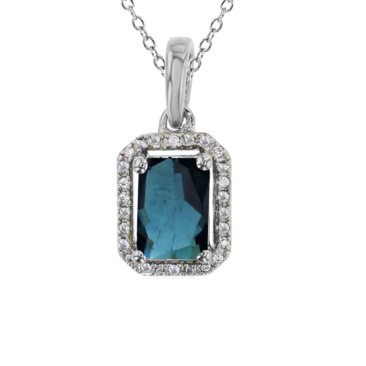 Sterling Silver Rhodium 7x5mm Oct Sapphire & Rnd Created White Sapphire Cushion 18"Necklace