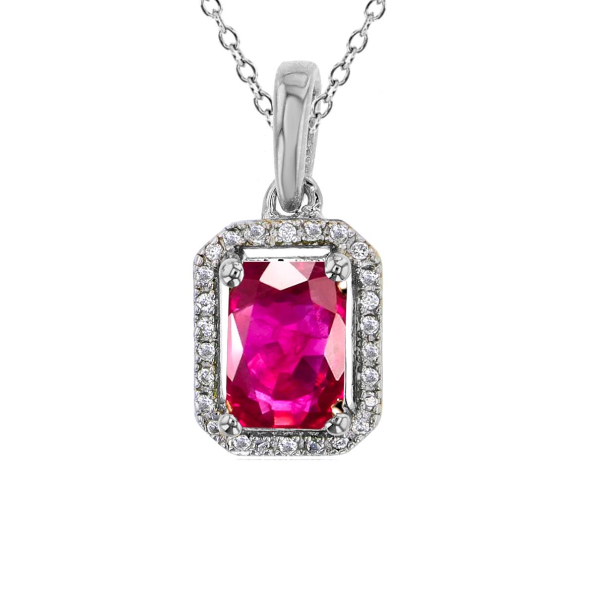Sterling Silver Rhodium 7x5mm Oct Glass Filled Ruby & Rnd Created White Sapphire Cushion 18"Necklace