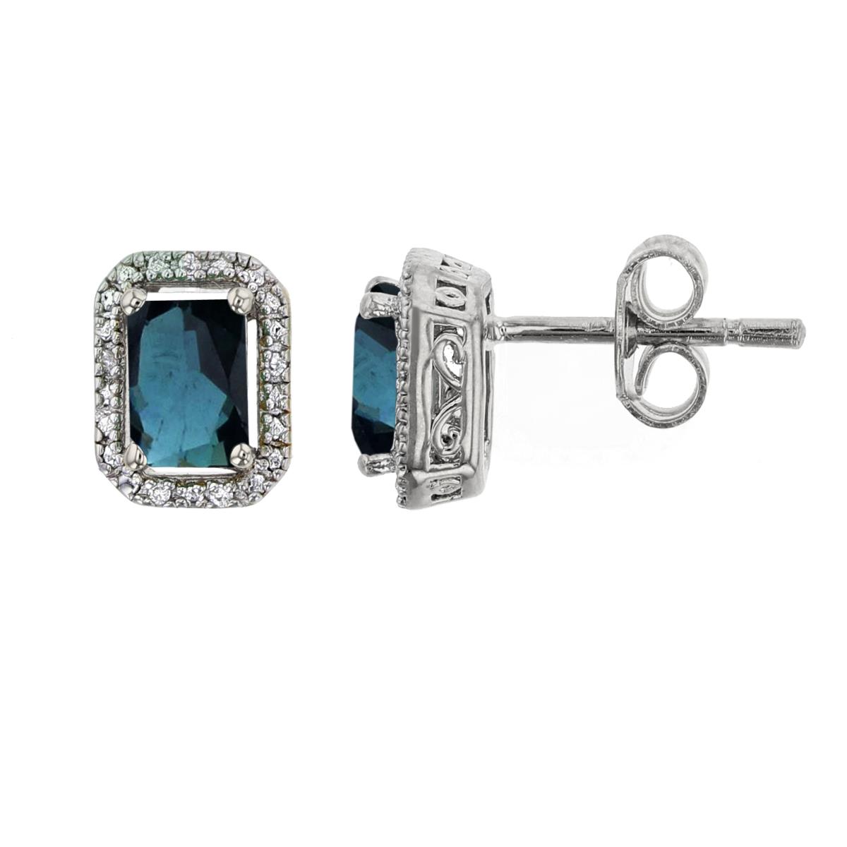 10K White Gold 0.012cttw Rnd Diamonds & 6x4mm Oct Sapphire Cush Halo Stud Earring 